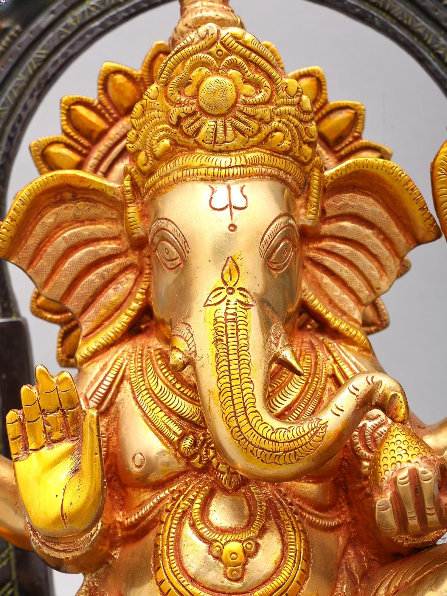 16" Blessing Lord Ganesha Seated on Singhasan | Brass Statue - 2