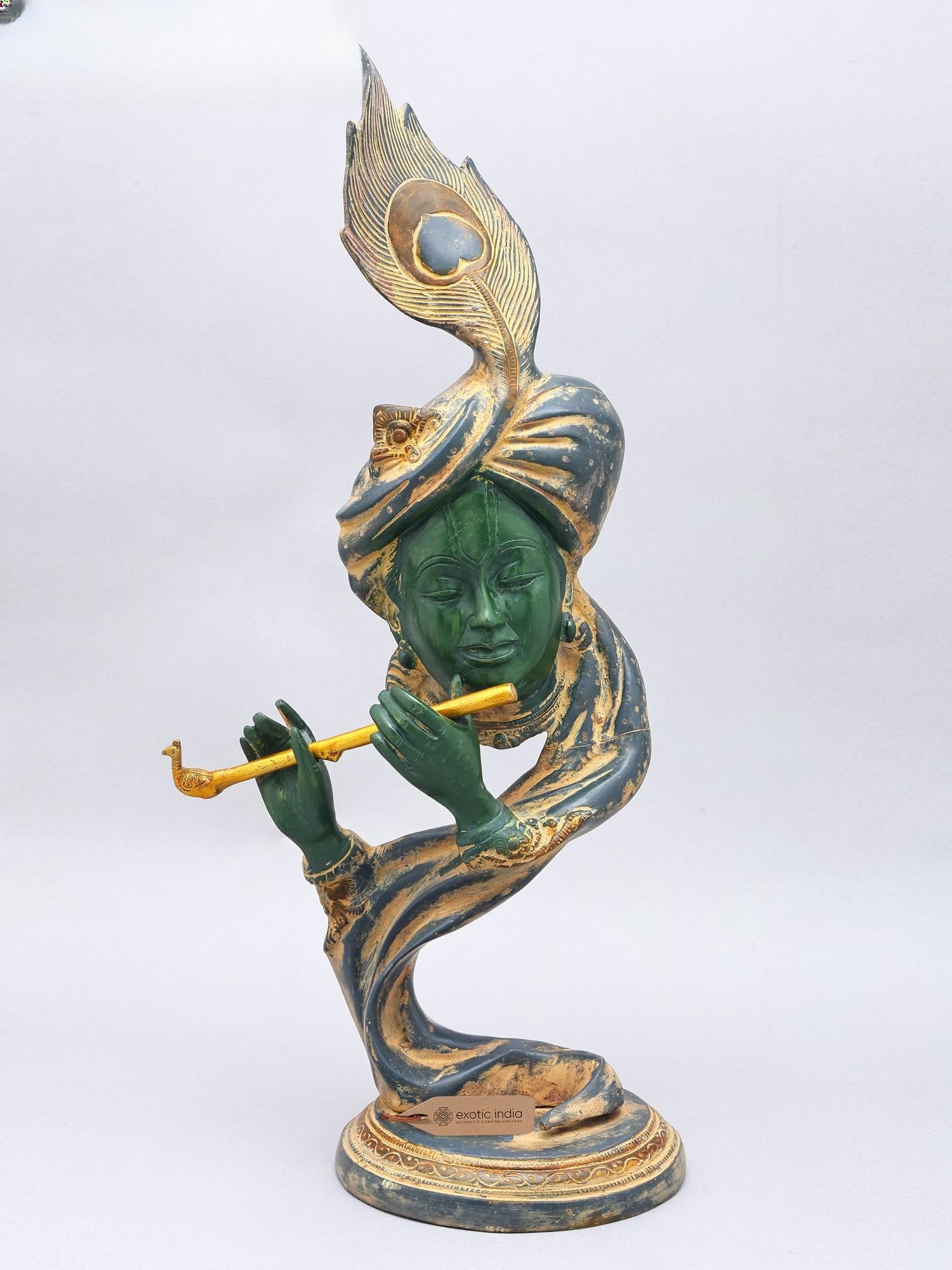 20" Stylized Modern Krishna Playing Flute | Brass Statue: Description: 20" Stylized Modern Krishna Playing Flute | Brass Statue