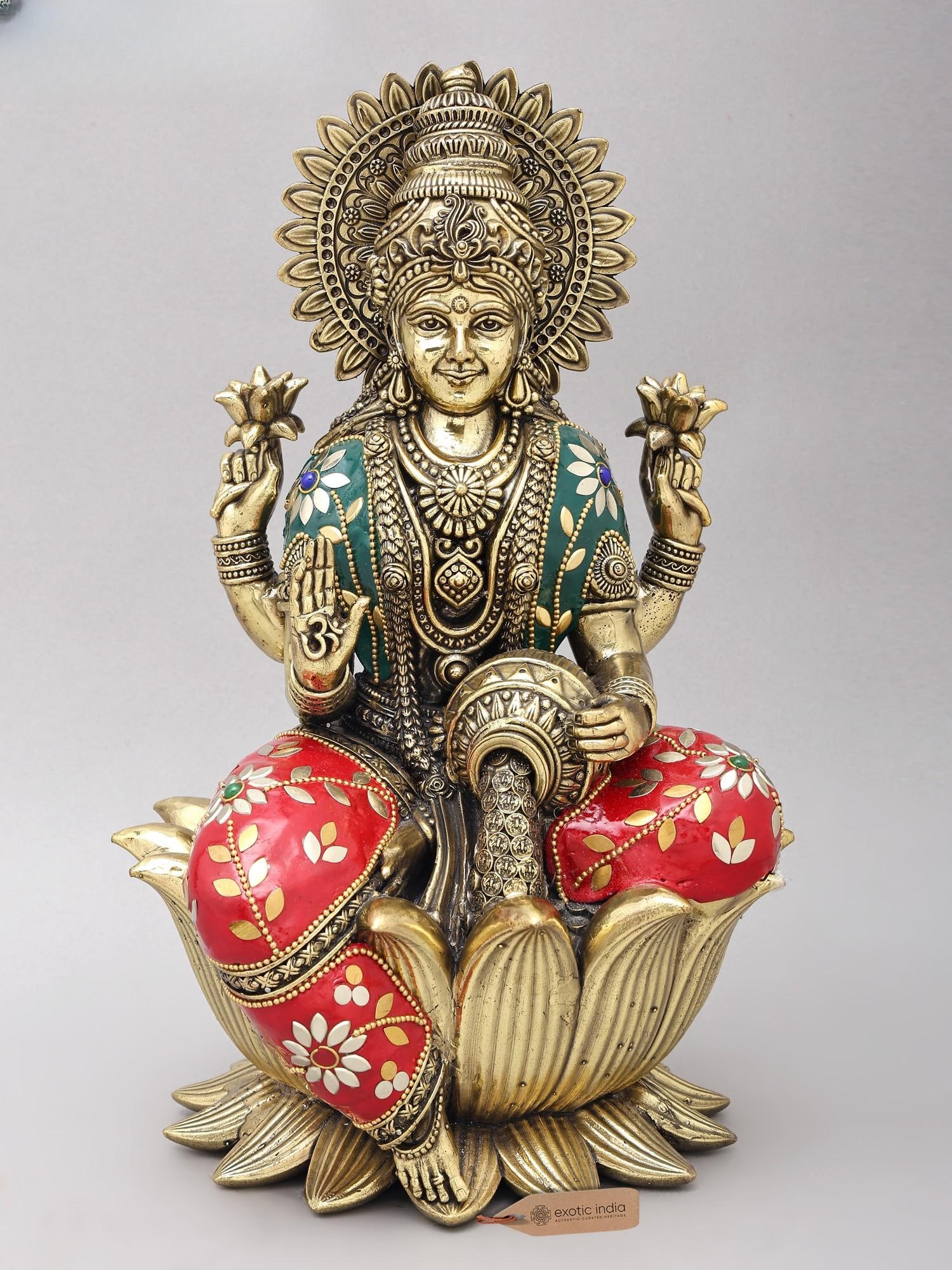 12" Superfine Blessing Goddess Lakshmi | Brass Statue with Inlay Work: Description: 12" Superfine Blessing Goddess Lakshmi | Brass Statue with Inlay Work