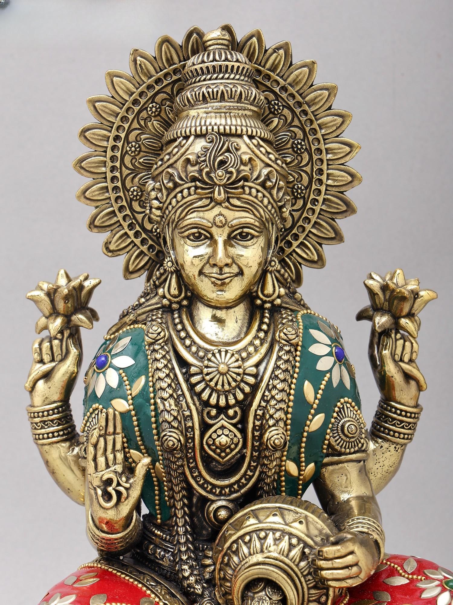 12" Superfine Blessing Goddess Lakshmi | Brass Statue with Inlay Work - 2