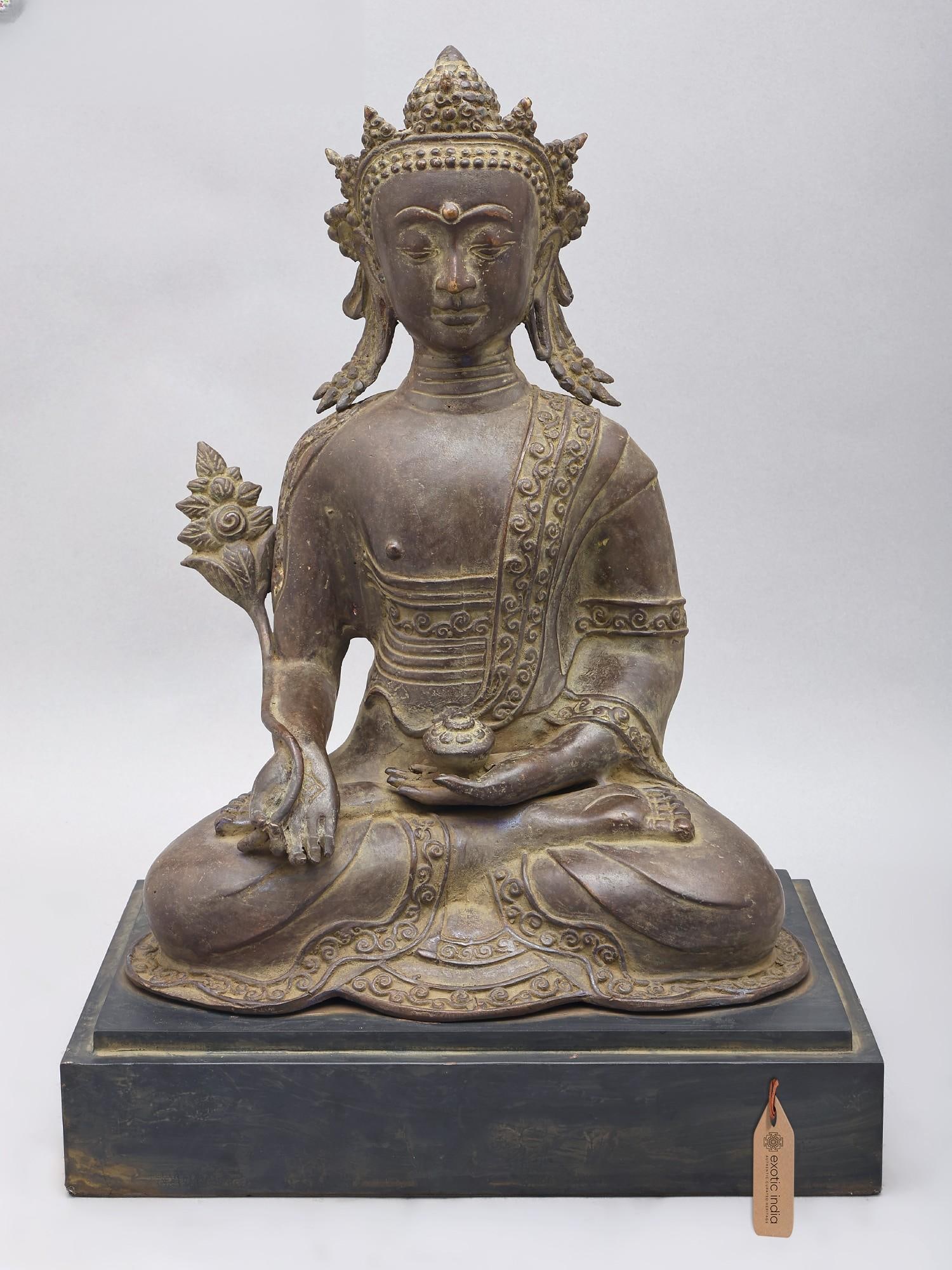 17" Crowned Medicine Buddha | Brass Statue on Wood Base (1 of 2)