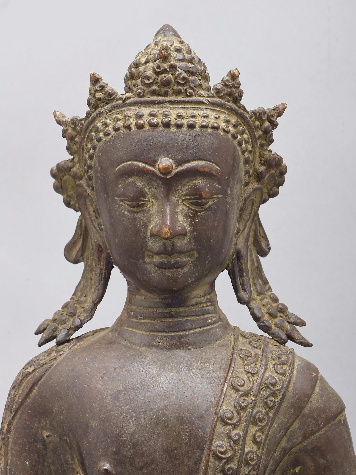 17" Crowned Medicine Buddha | Brass Statue on Wood Base - 2