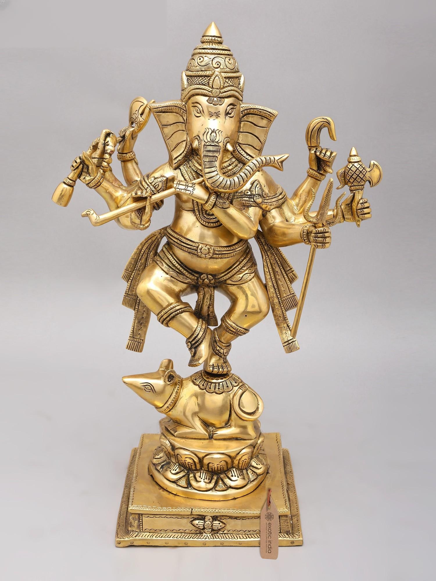 18" Eight Armed Lord Ganesha Dancing on Mushak | Brass Statue: Description: 18" Eight Armed Lord Ganesha Dancing on Mushak | Brass Statue