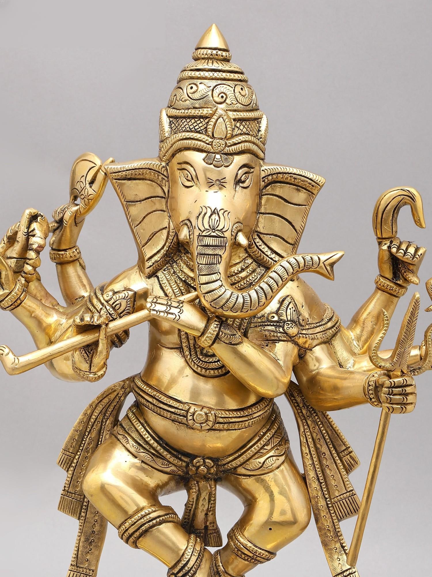 18" Eight Armed Lord Ganesha Dancing on Mushak | Brass Statue - 2