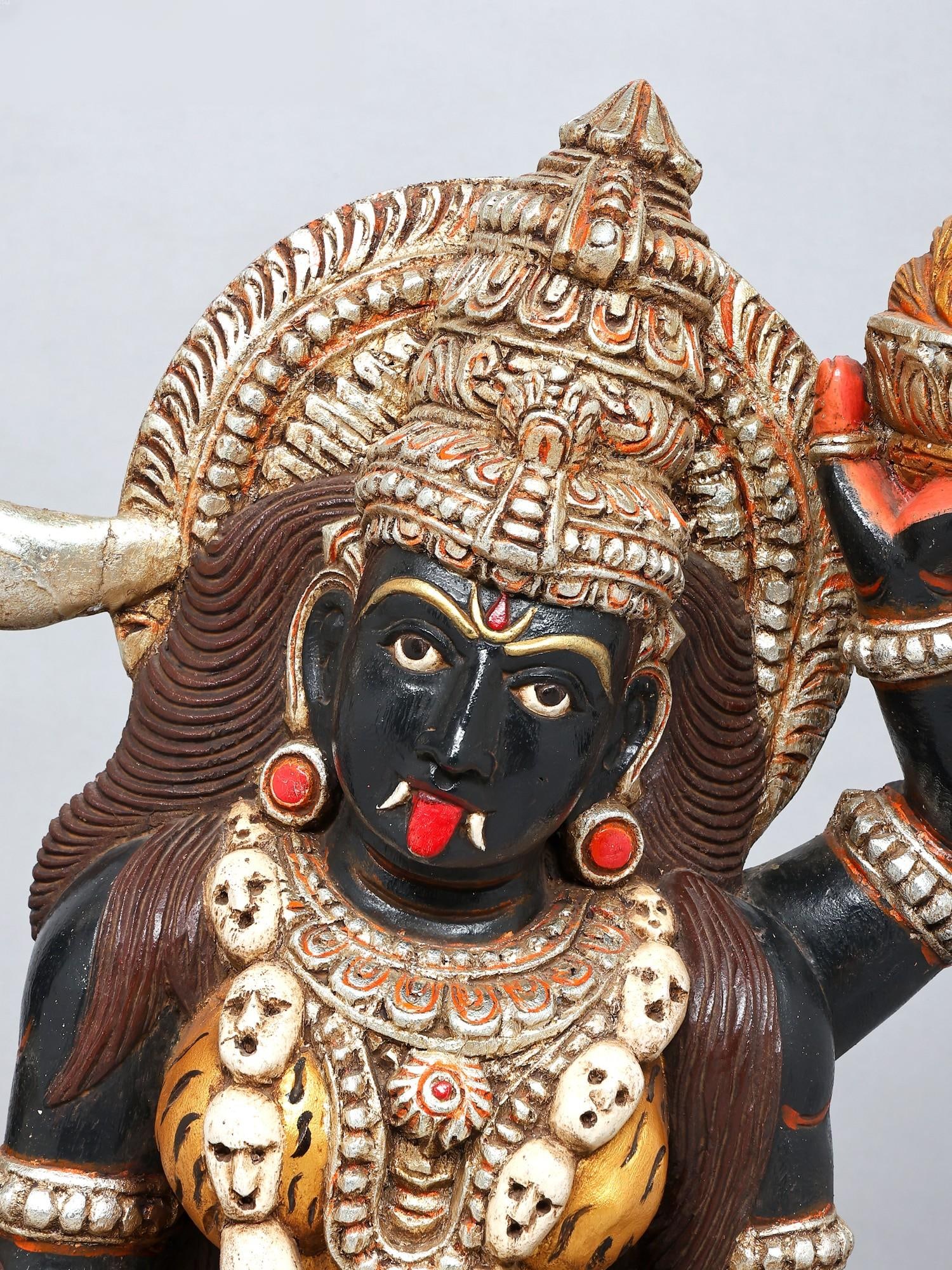 Goddess Kali in Triumph | Large Hand-Painted Statue | Wood Carving - 2