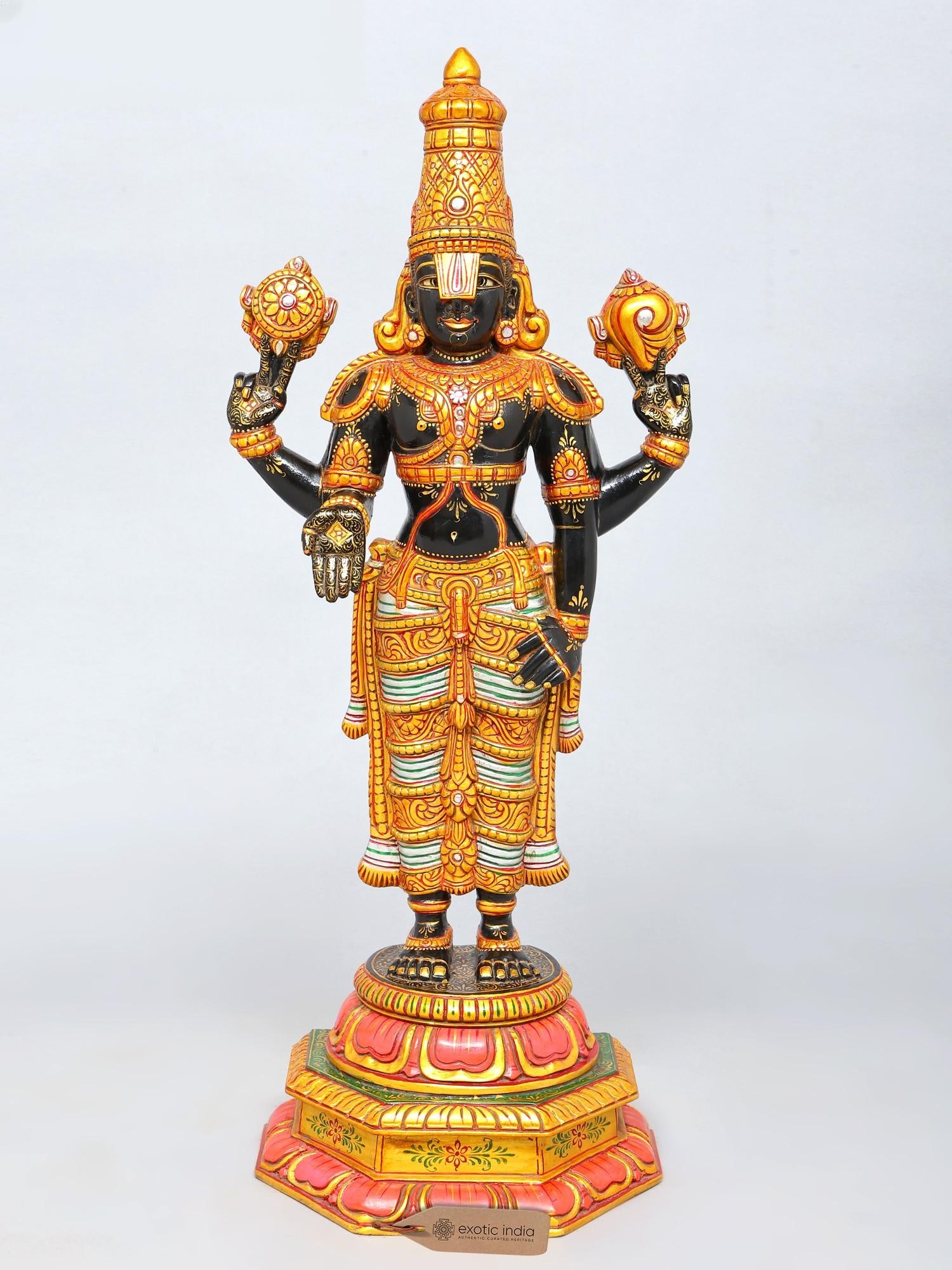 32" Large Beautifully Carved and Hand-Painted Tirupati Balaji (Venkateshvara) | Wood Carved Statue (1 of 2)