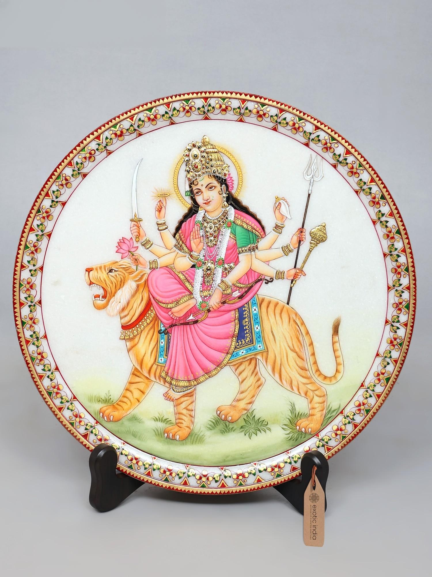 15" Goddess Durga (Sherawali Maa) Marble Plate with Wooden Stand: Description: 15" Goddess Durga (Sherawali Maa) Marble Plate with Wooden Stand