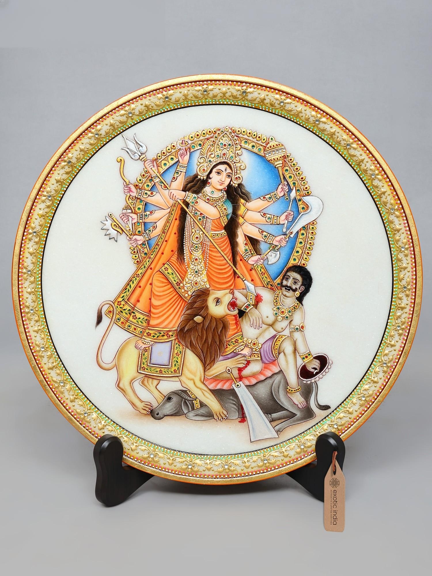 15" Mahishasuramardini (Goddess Durga) Marble Plate with Wooden Stand (1 of 1)