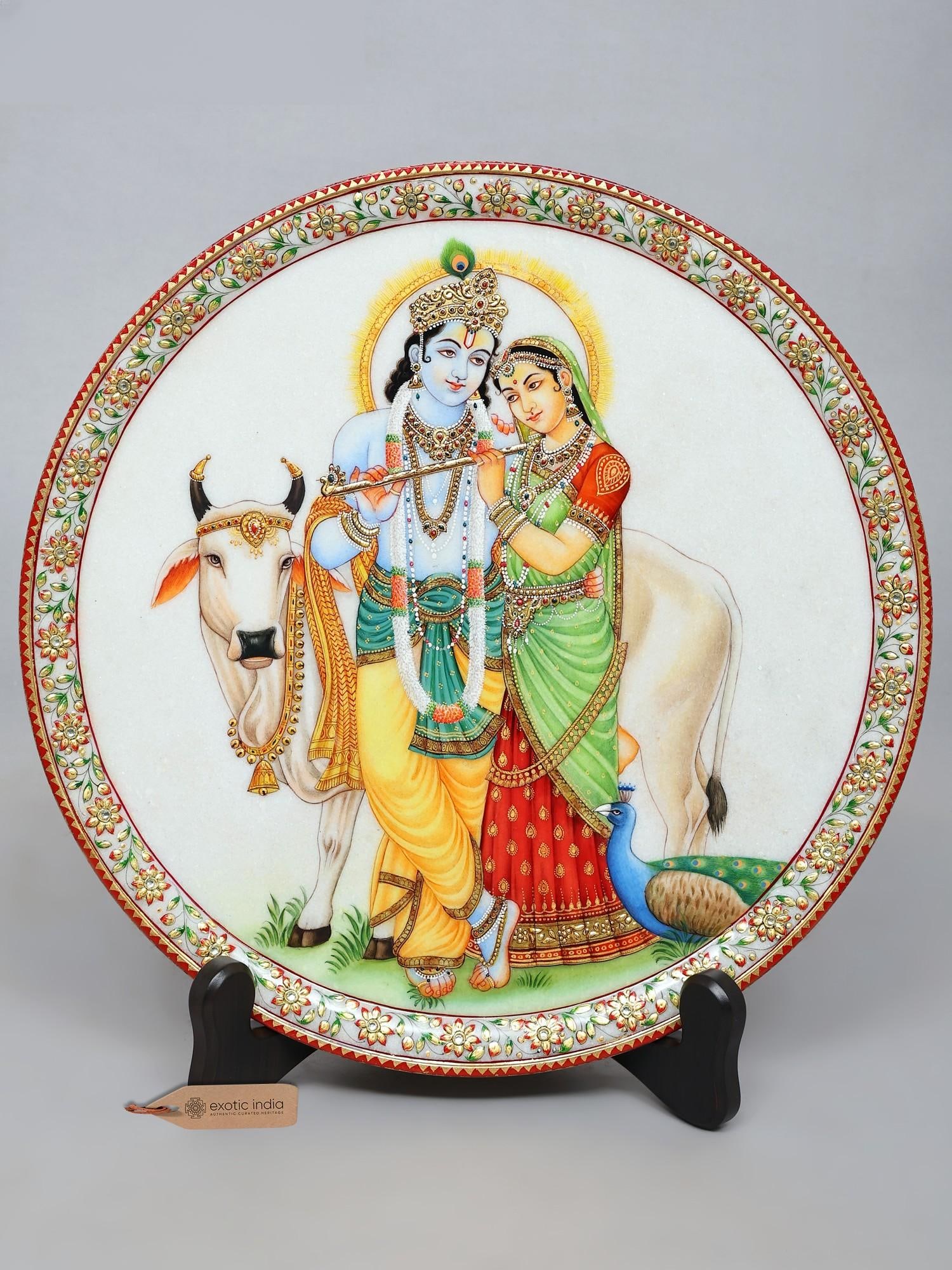 15" Radha-Krishna Marble Plate with Wooden Stand (1 of 2)