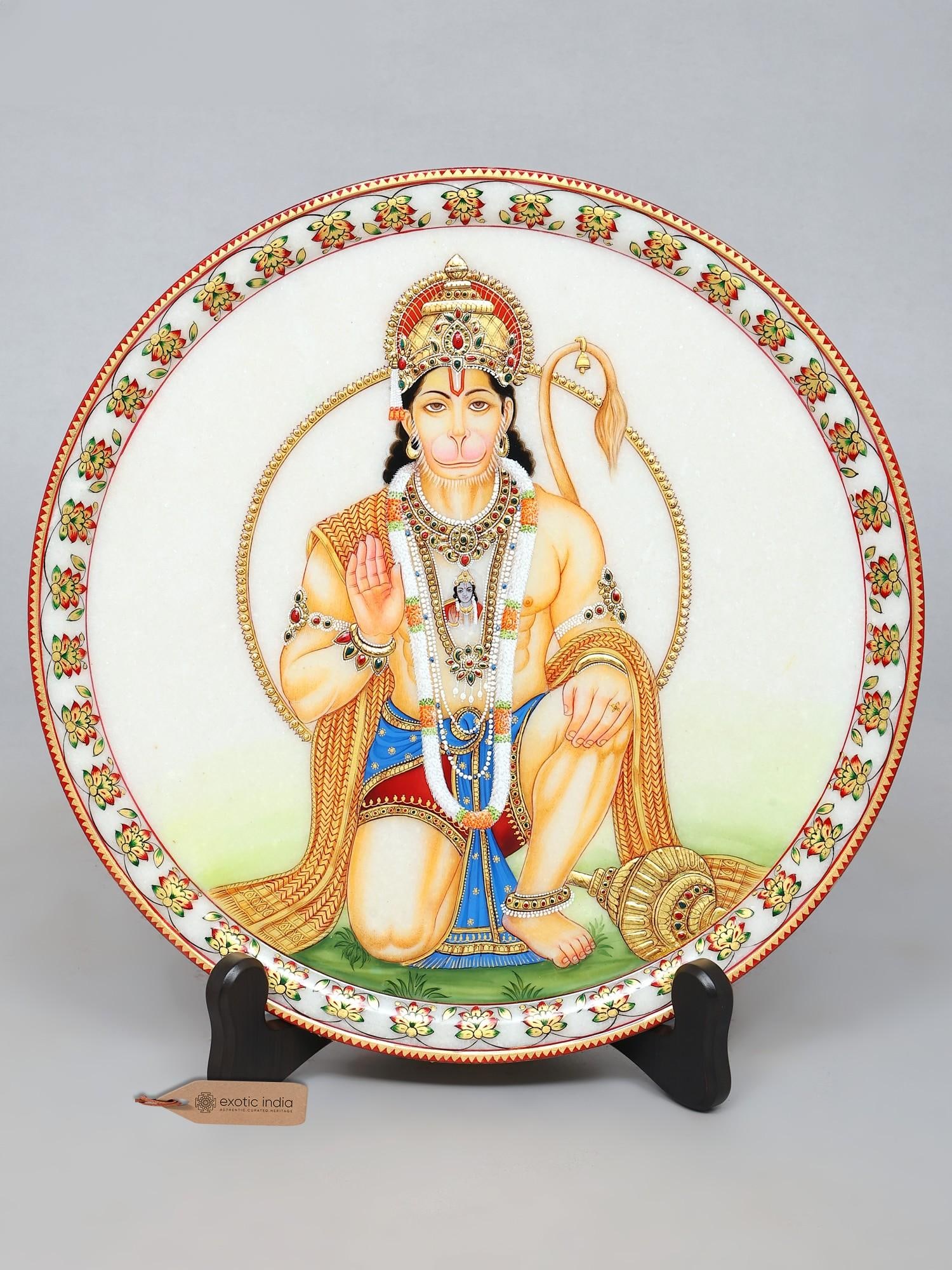 15" Blessing Lord Hanuman Marble Plate with Wooden Stand: Description: 15" Blessing Lord Hanuman Marble Plate with Wooden Stand