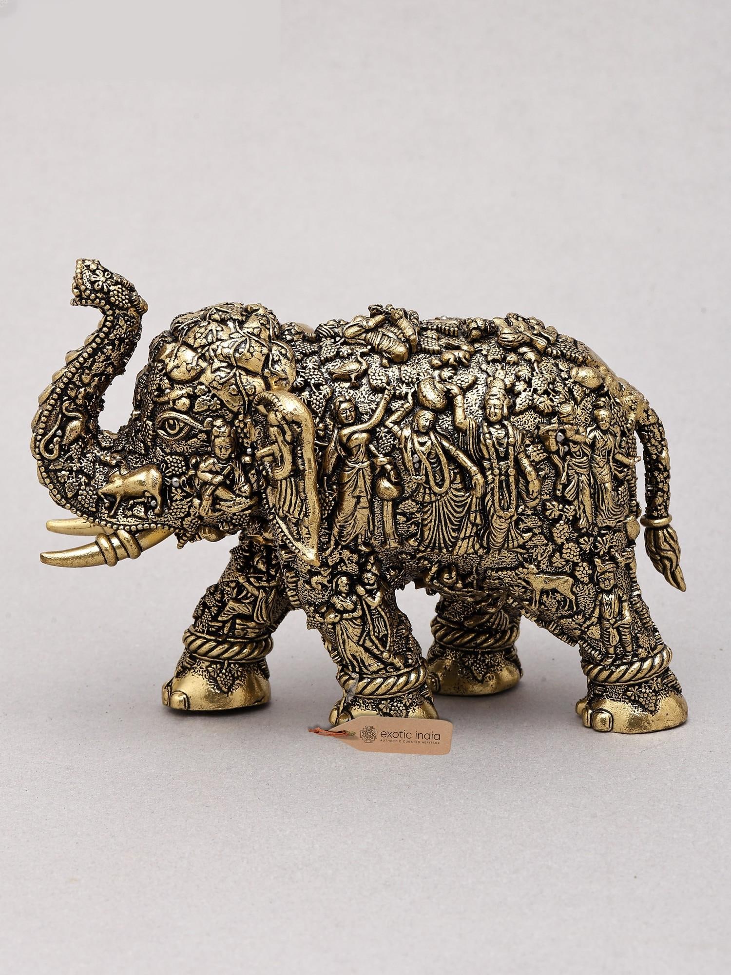 5" Small Superfine Sacred Elephant with Radha Krishna Carvings | Brass Statue: Description: 5" Small Superfine Sacred Elephant with Radha Krishna Carvings | Brass Statue