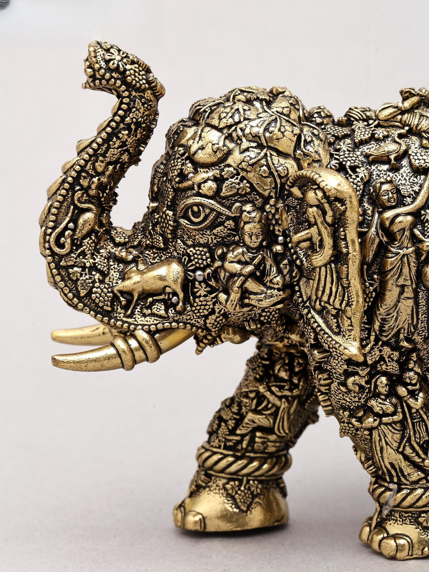 5" Small Superfine Sacred Elephant with Radha Krishna Carvings | Brass Statue - 2