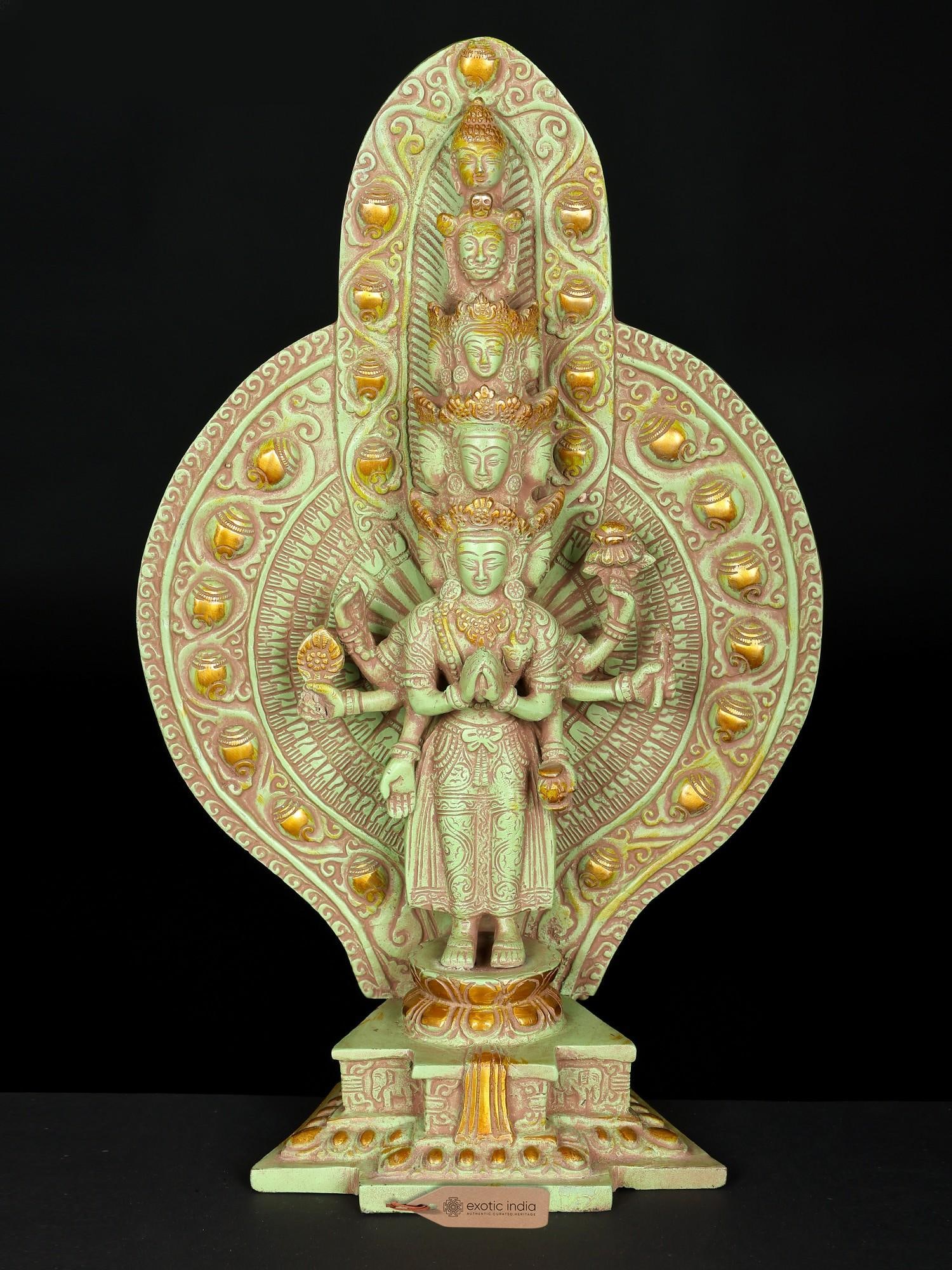 15" Standing Eleven Headed Avalokiteshvara | Brass Statue: Description: 15" Standing Eleven Headed Avalokiteshvara | Brass Statue