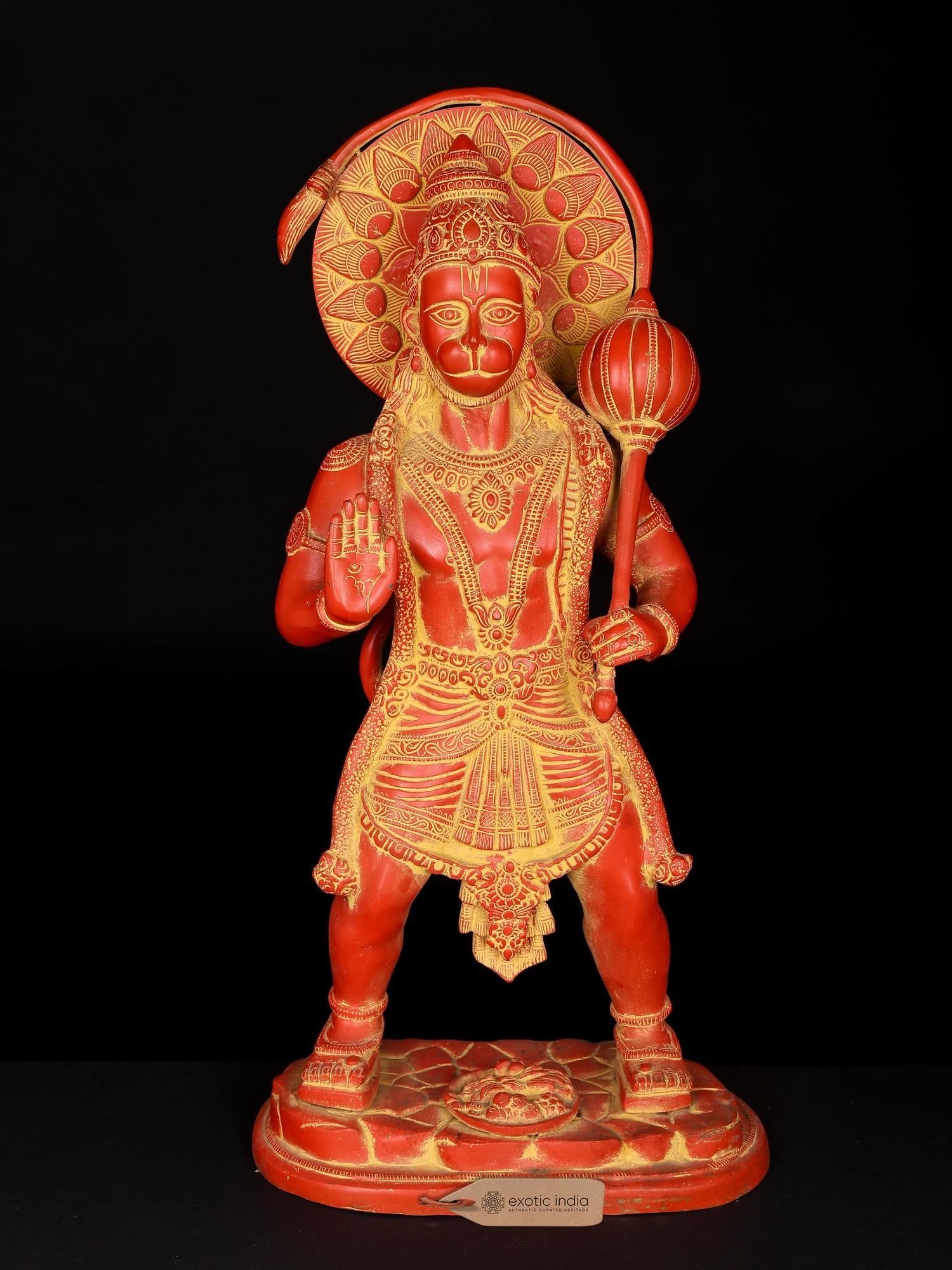 22" Sindoori Colored Standing Lord Hanuman in Blessing Gesture | Brass Statue: Description: 22" Sindoori Colored Standing Lord Hanuman in Blessing Gesture | Brass Statue