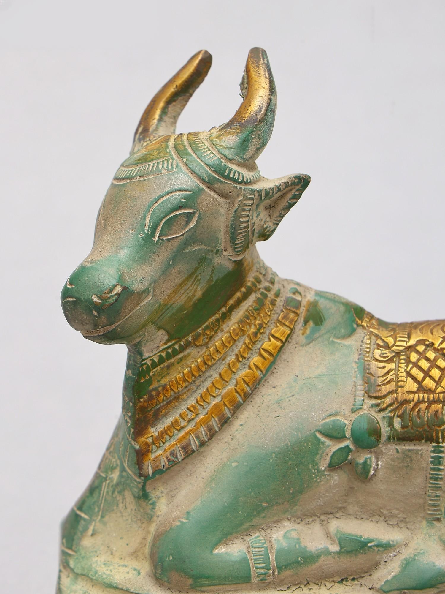 5" Small Green and Gold Nandi Statue in Brass - 2