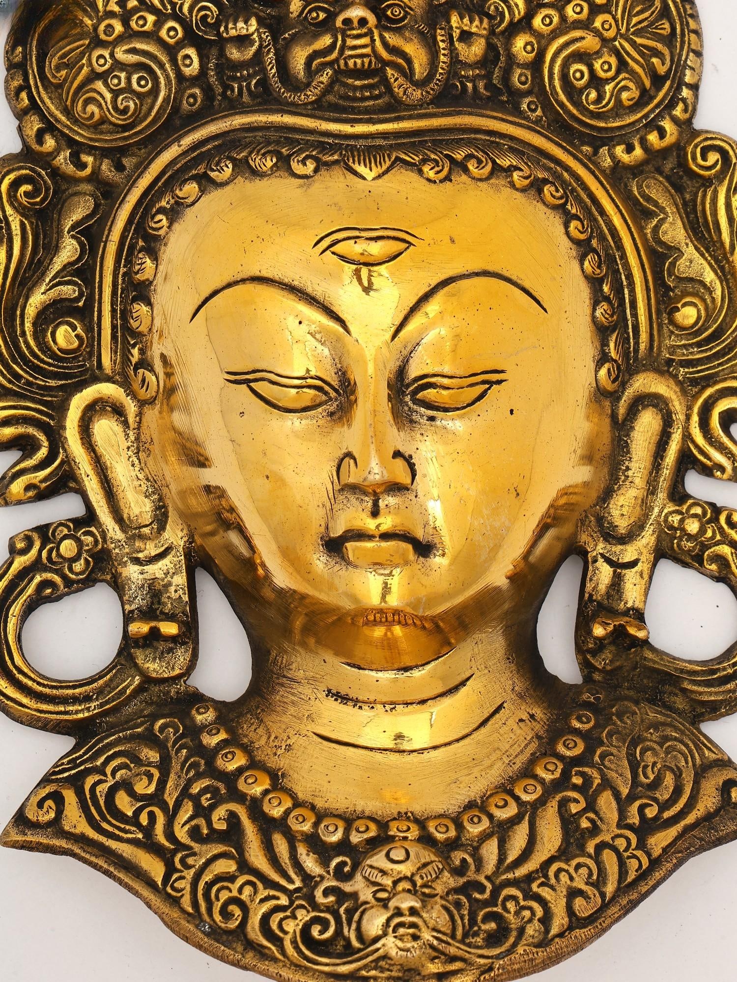 10" Tibetan Buddhist Goddess Tara Wall Hanging Mask | Brass Statue - 2