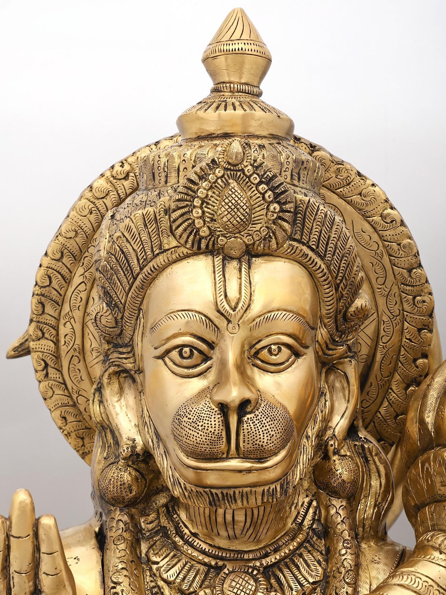 30" Large Sitting Lord Hanuman in Blessing Gesture | Brass Statue - 2