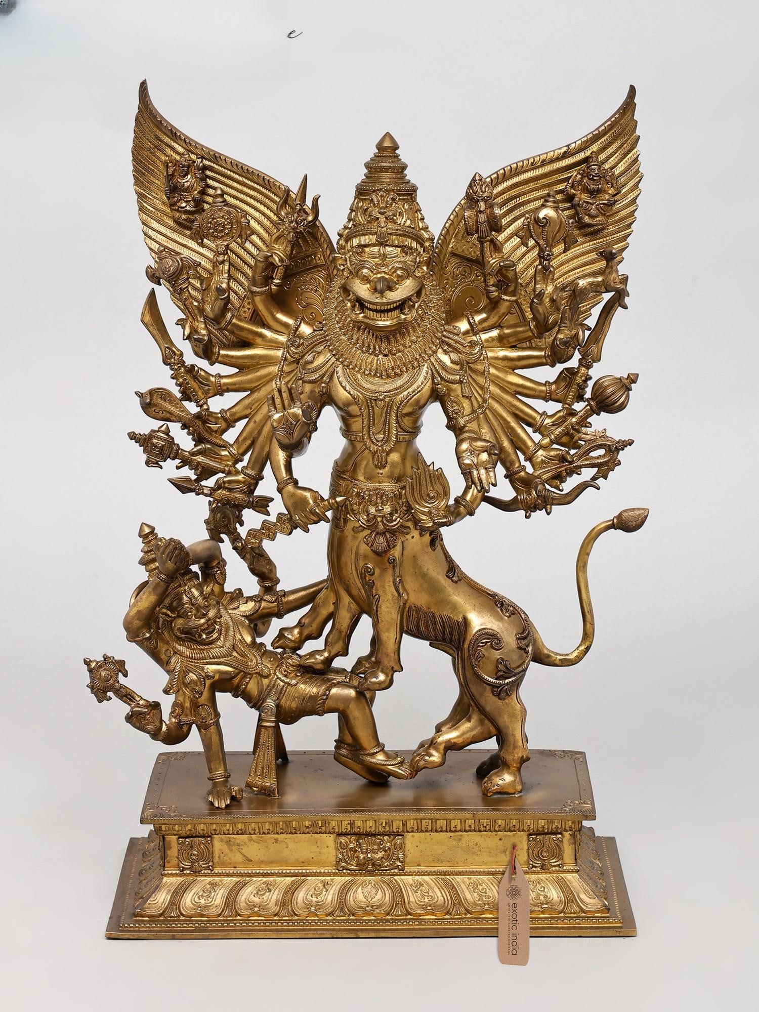 24" Superfine Eighteen-Armed Sharabha Avatara of Lord Shiva Subduing Narasimha | Bronze Statue: Description: 24" Superfine Eighteen-Armed Sharabha Avatara of Lord Shiva Subduing Narasimha | Bronze Statue