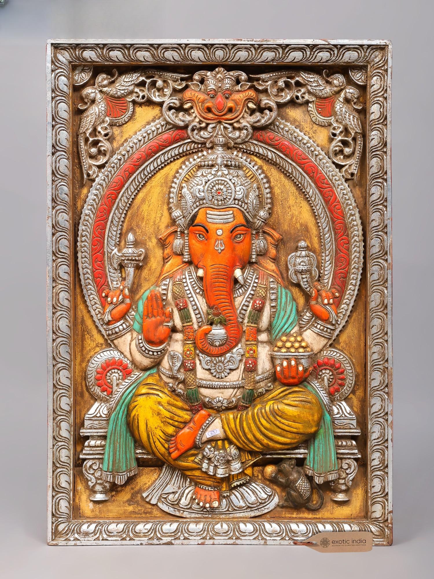 36" Four Armed Sindoori Ganesha | Wood Carved Wall Panel (1 of 2)