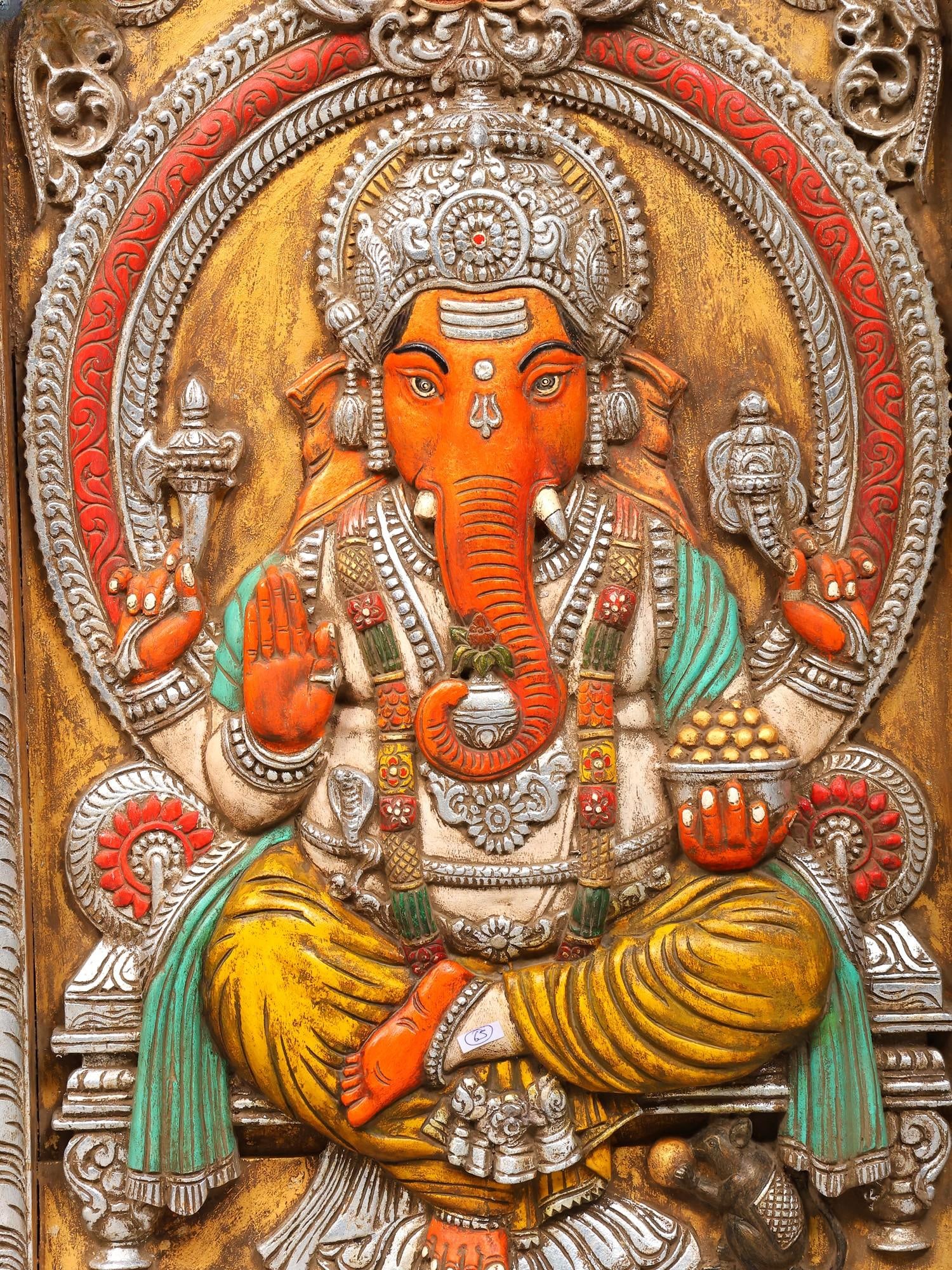 36" Four Armed Sindoori Ganesha | Wood Carved Wall Panel - 2
