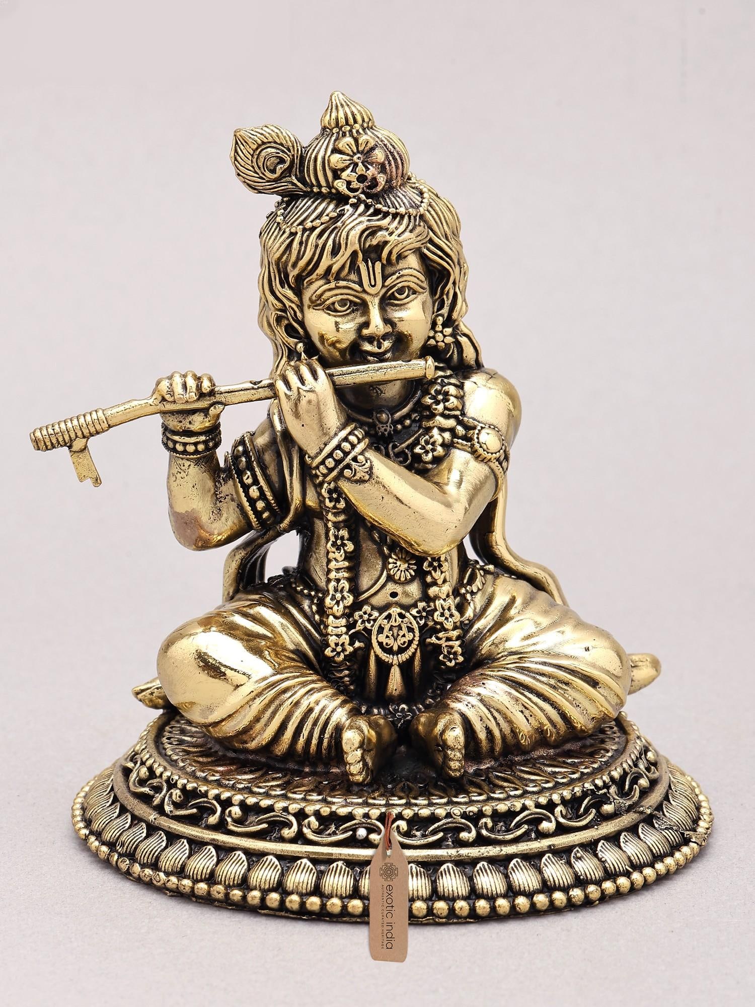 4" Small Superfine Baby Krishna Playing Flute | Brass Statue: Description: 4" Small Superfine Baby Krishna Playing Flute | Brass Statue