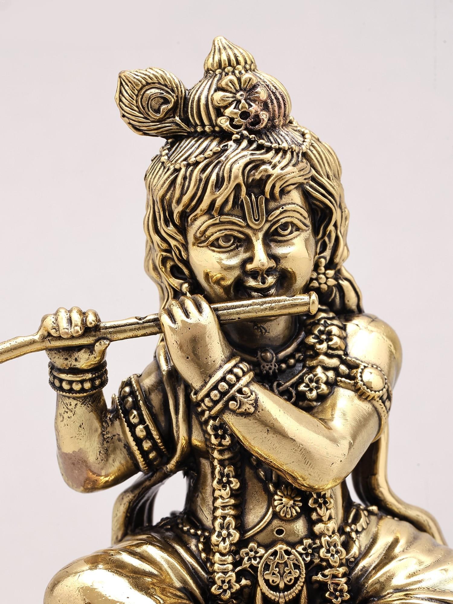 4" Small Superfine Baby Krishna Playing Flute | Brass Statue - 2