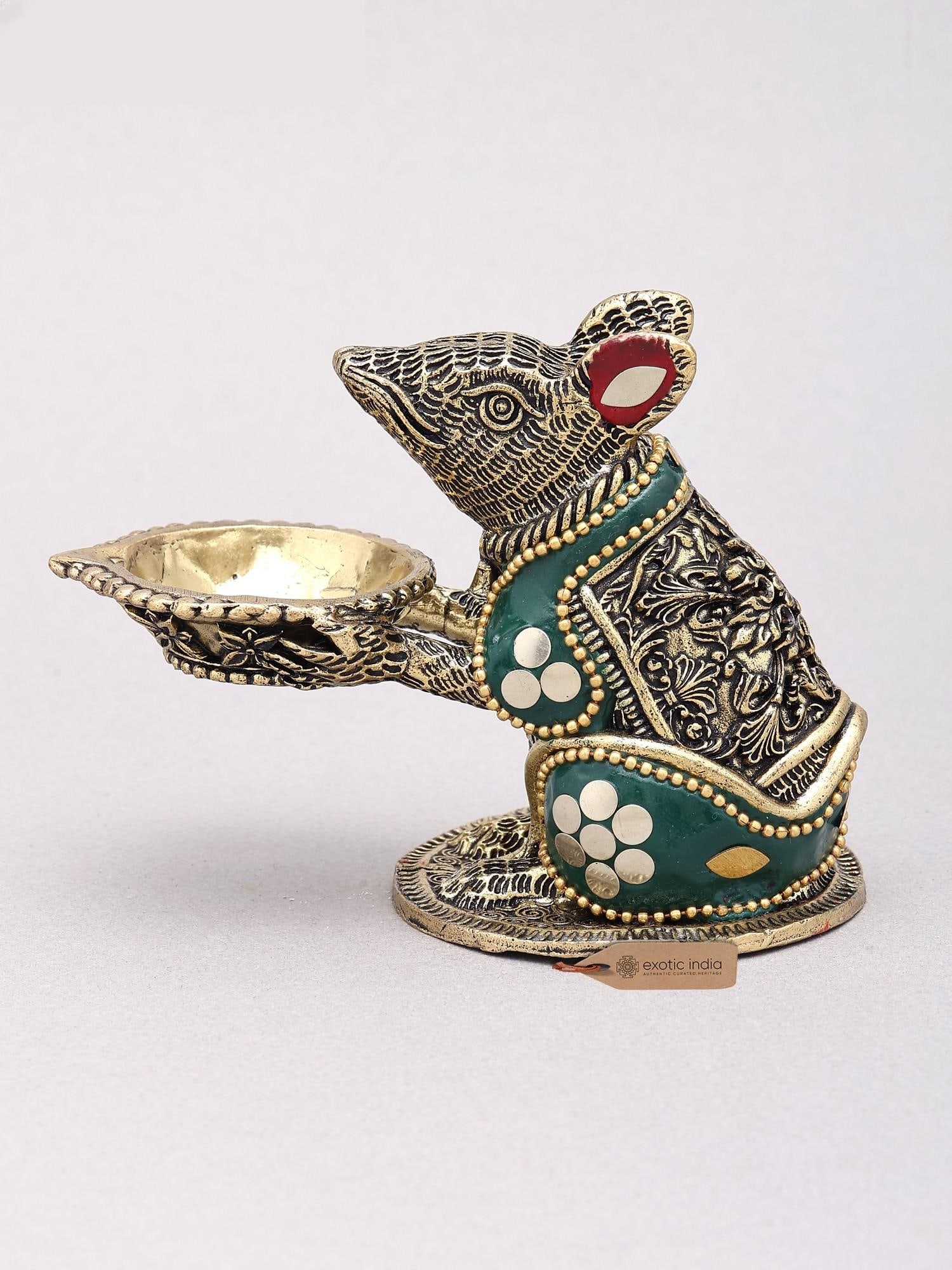 4" Small Superfine Ganesha's Vahana : Brass Rat with Oil Lamp: Description: 4" Small Superfine Ganesha's Vahana : Brass Rat with Oil Lamp