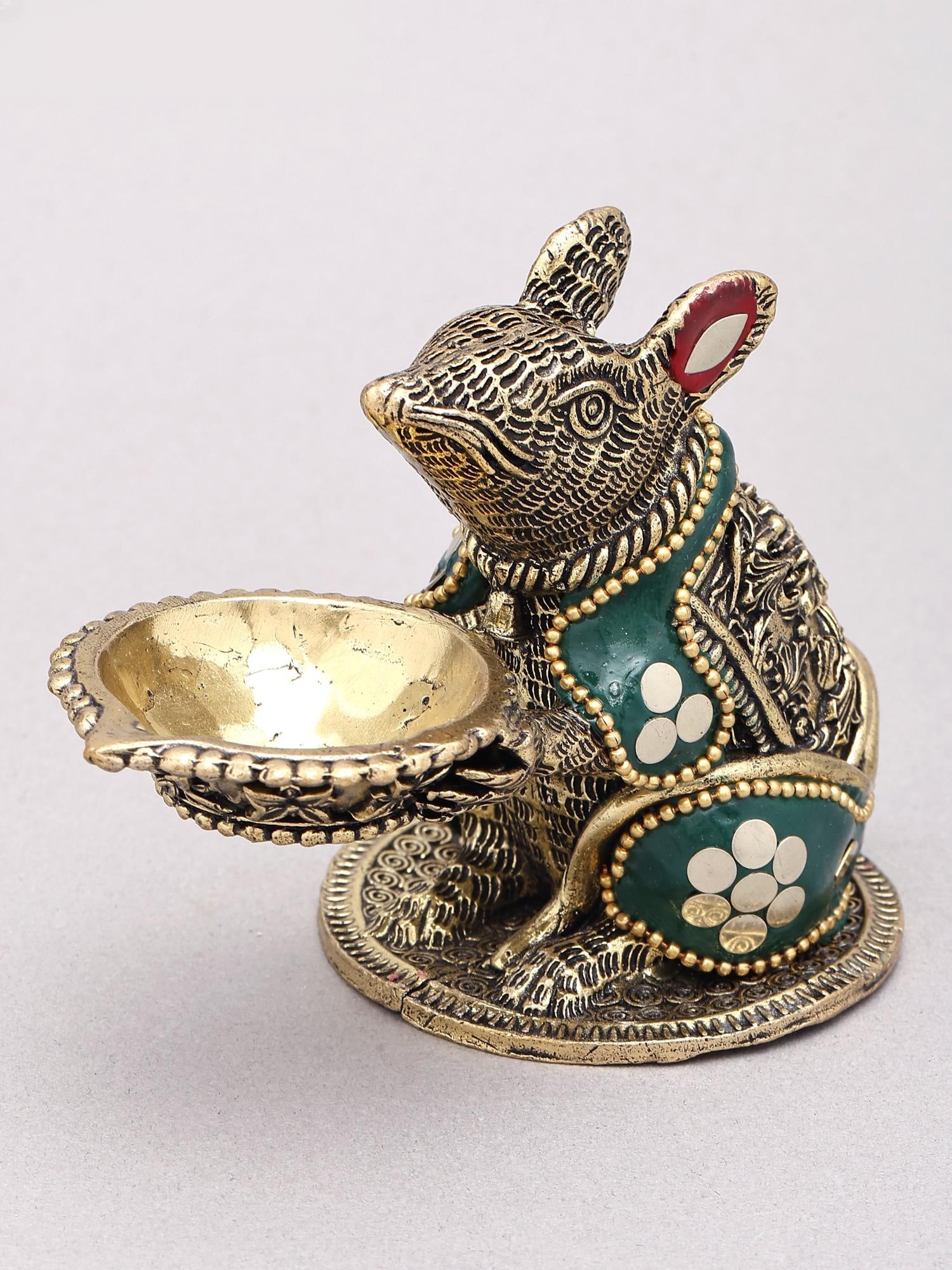 4" Small Superfine Ganesha's Vahana : Brass Rat with Oil Lamp - 2