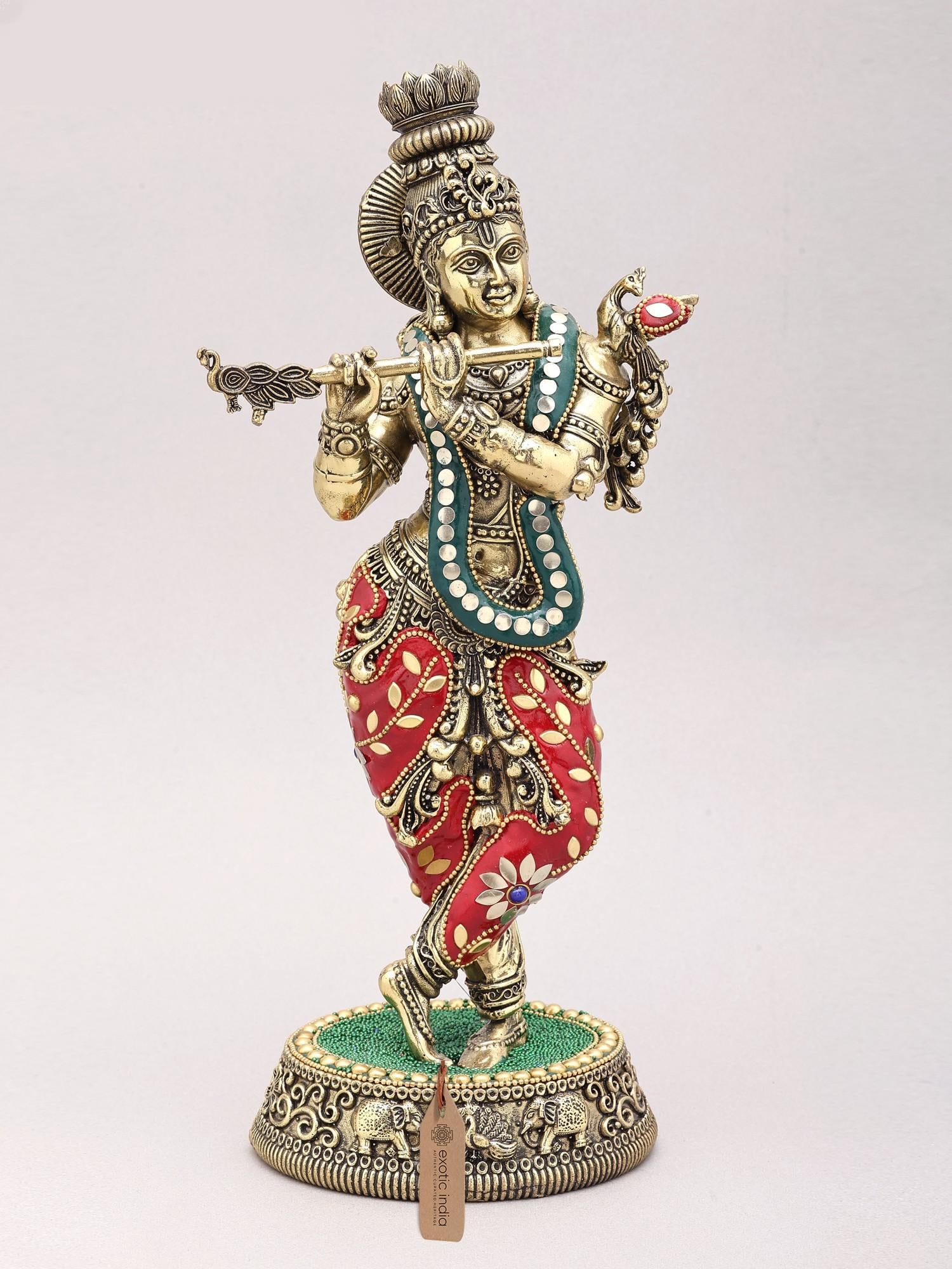 13" Superfine Lord Krishna Playing Flute | Brass Statue with Inlay Work: Description: 13" Superfine Lord Krishna Playing Flute | Brass Statue with Inlay Work