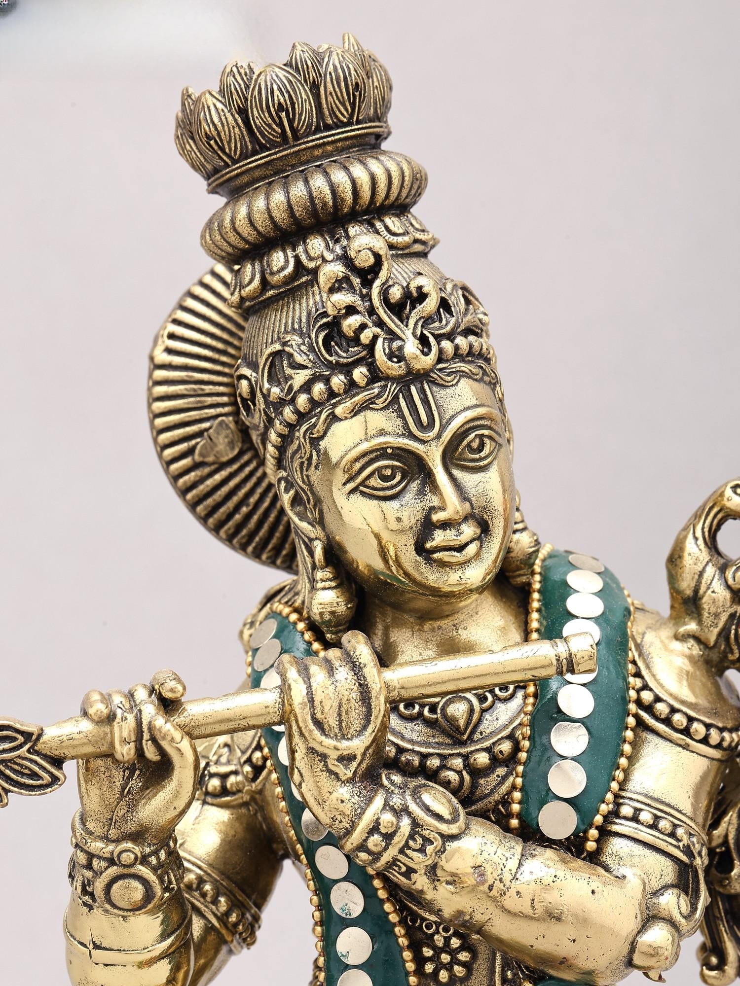 13" Superfine Lord Krishna Playing Flute | Brass Statue with Inlay Work - 2
