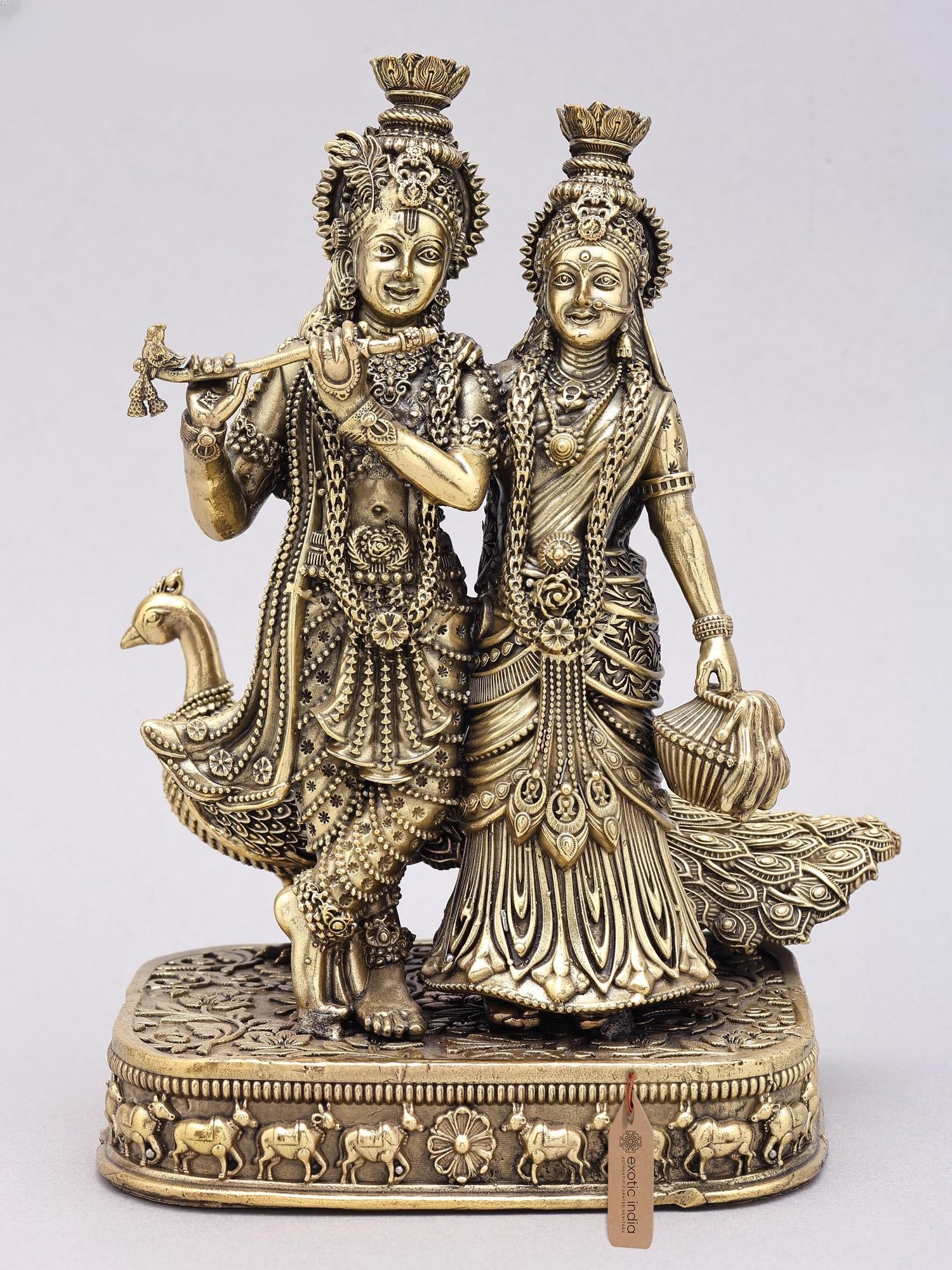 8" Superfine Standing Radha Krishna with Peacock | Brass Statue: Description: 8" Superfine Standing Radha Krishna with Peacock | Brass Statue