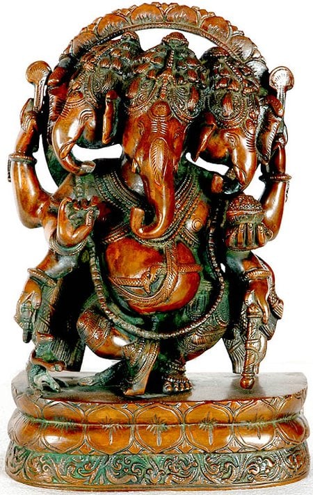 12" Trimukha Nrittya Ganesha In Brass | Handmade | Made In India: Description: 12" Trimukha Nrittya Ganesha In Brass | Handmade | Made In India