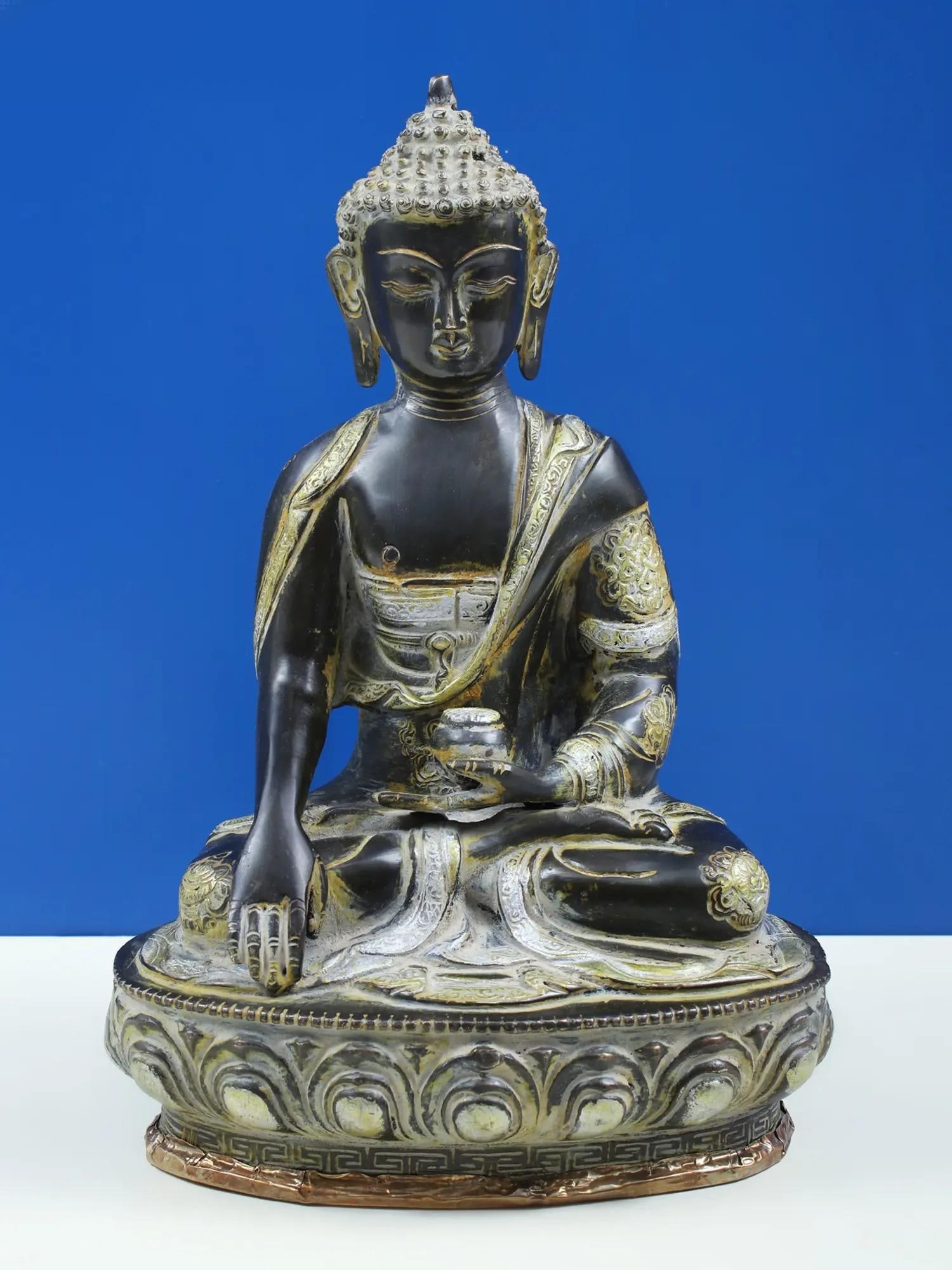 12" Buddha in the Bhumisparsha Mudra with Ashtamangala Carved on His Robe In Brass | Handmade: Description: See It In Your Home https://adobeaero.app.link/E2cRYZxeXEb