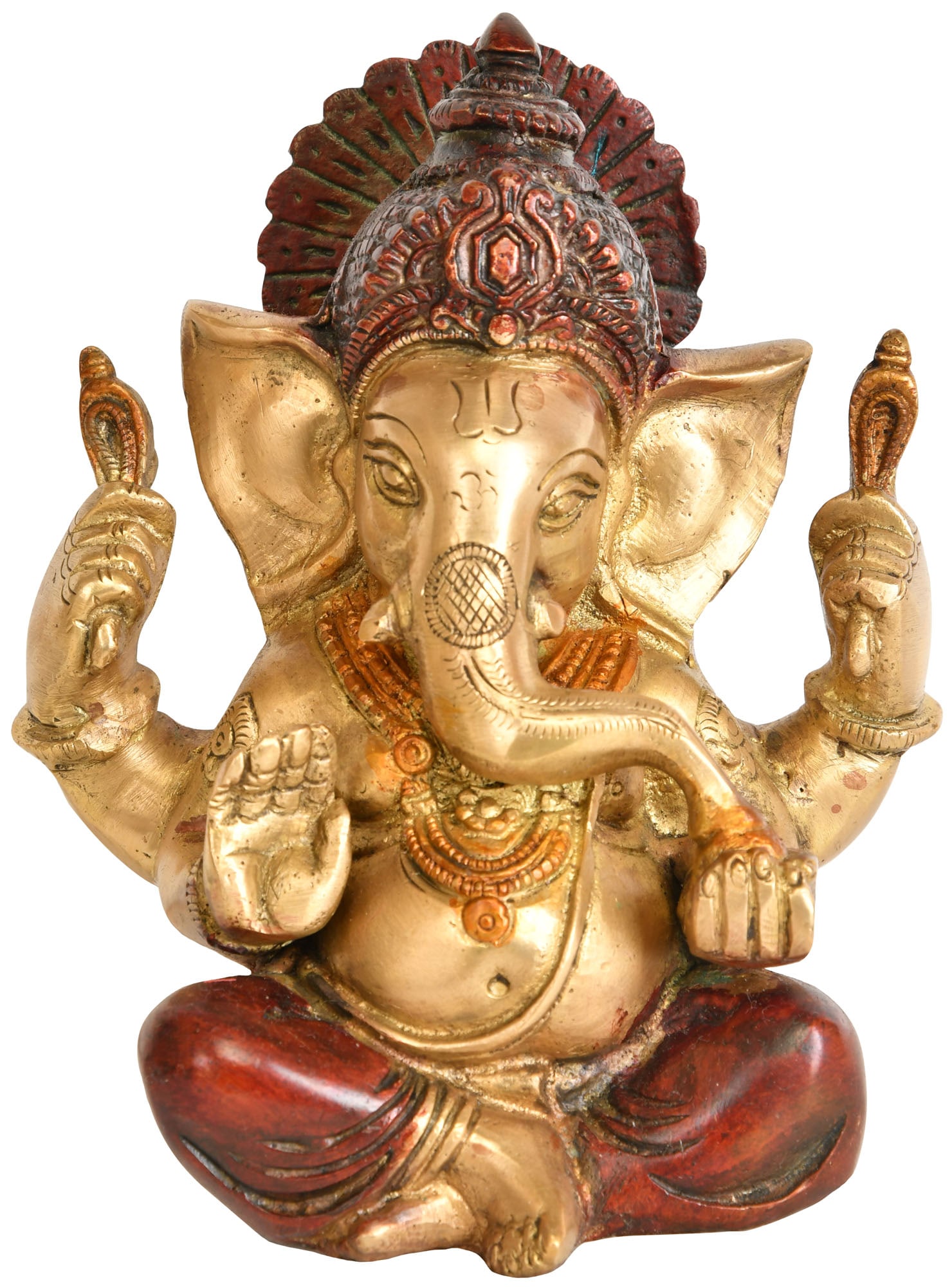 5" Lord Ganesha in Ashirwad Mudra in Brass | Handmade | Made In India: Description: The most adorable deity of the Hindoo pantheon, Lord Ganesha is the child of Lord Shiva and Devi Parvati. He has the form of a chubby baby, given His love of laddoos, so much so that His 