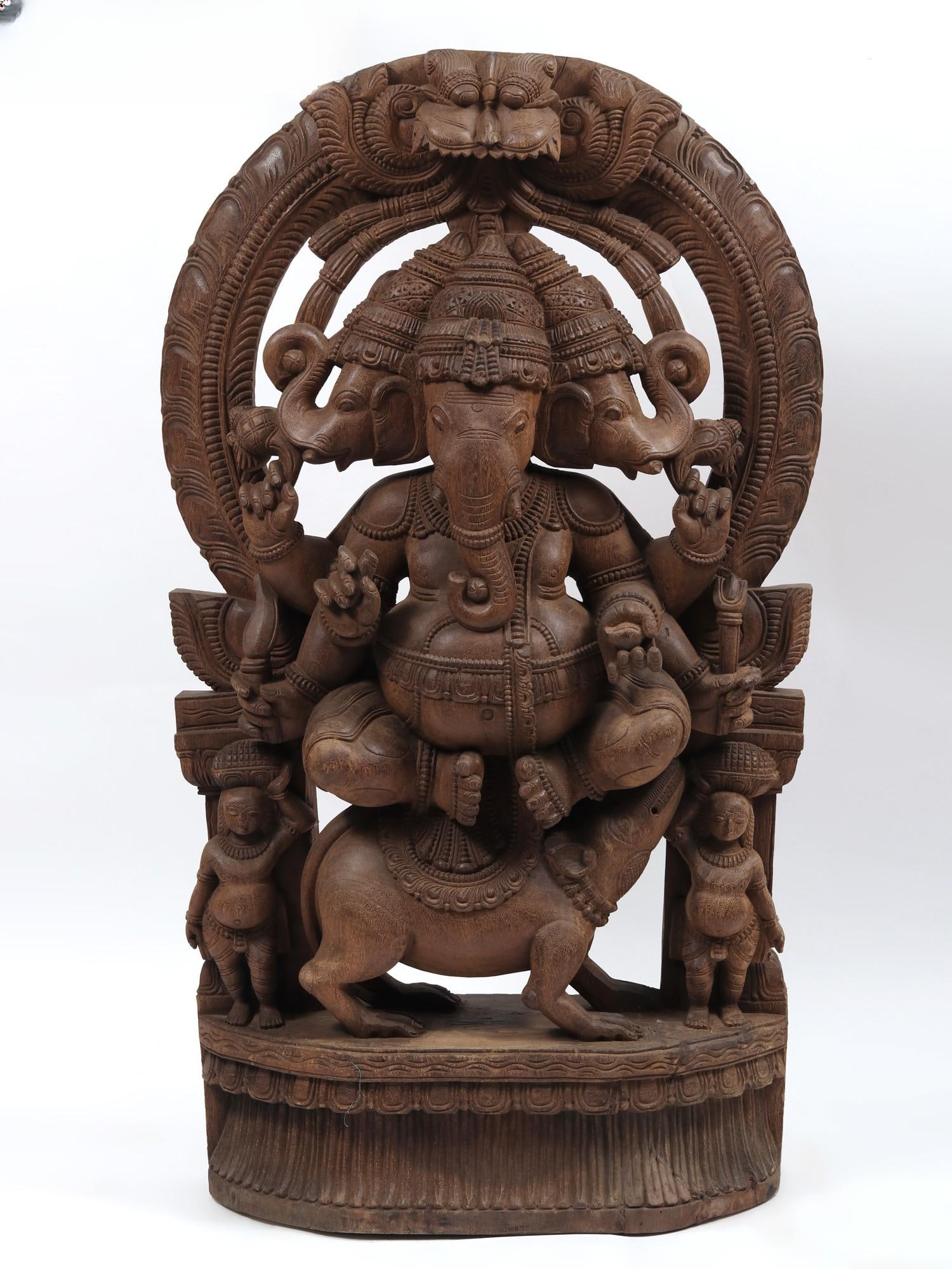 48" Trimukha Ganesha Seated on His Rat with Kirtimukha Arch: Description: 48" Trimukha Ganesha Seated on His Rat with Kirtimukha Arch