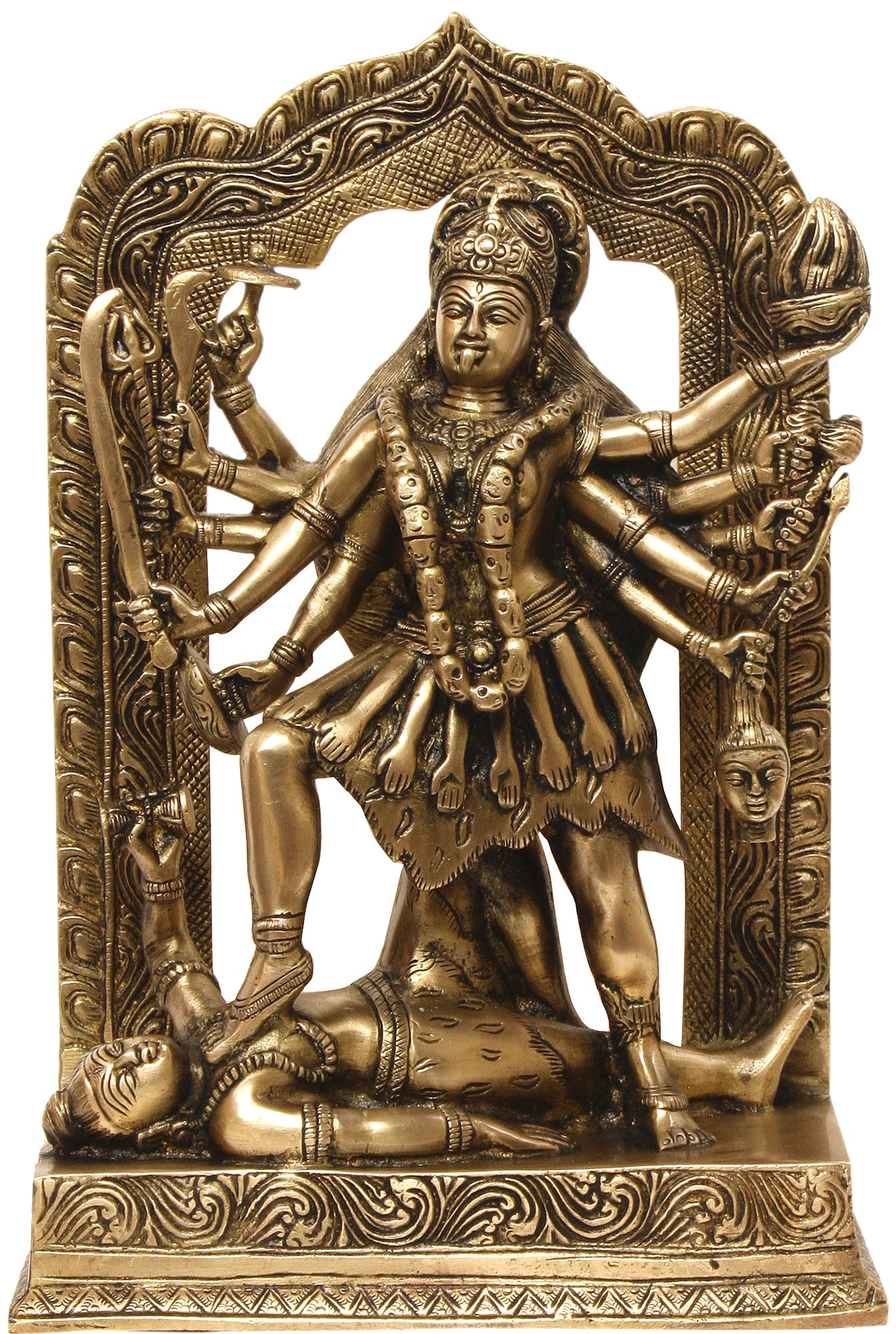 11" Handmade Goddess Kali Brass Sculpture | Authentic Indian Art | Made in India: Description: See It In Your Home In many instances Kali is described as garbed in space or sky clad. In Her absolute, primordial form She is free from all covering of illusion. She is Nature (Prakriti