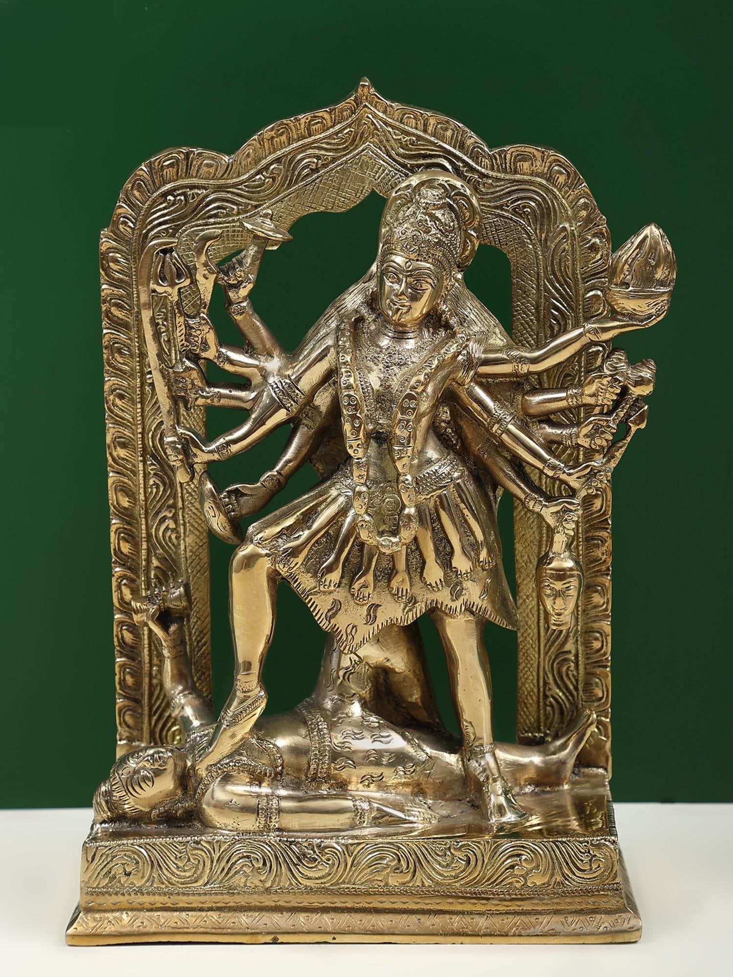 11" Handmade Goddess Kali Brass Sculpture | Authentic Indian Art | Made in India - 2