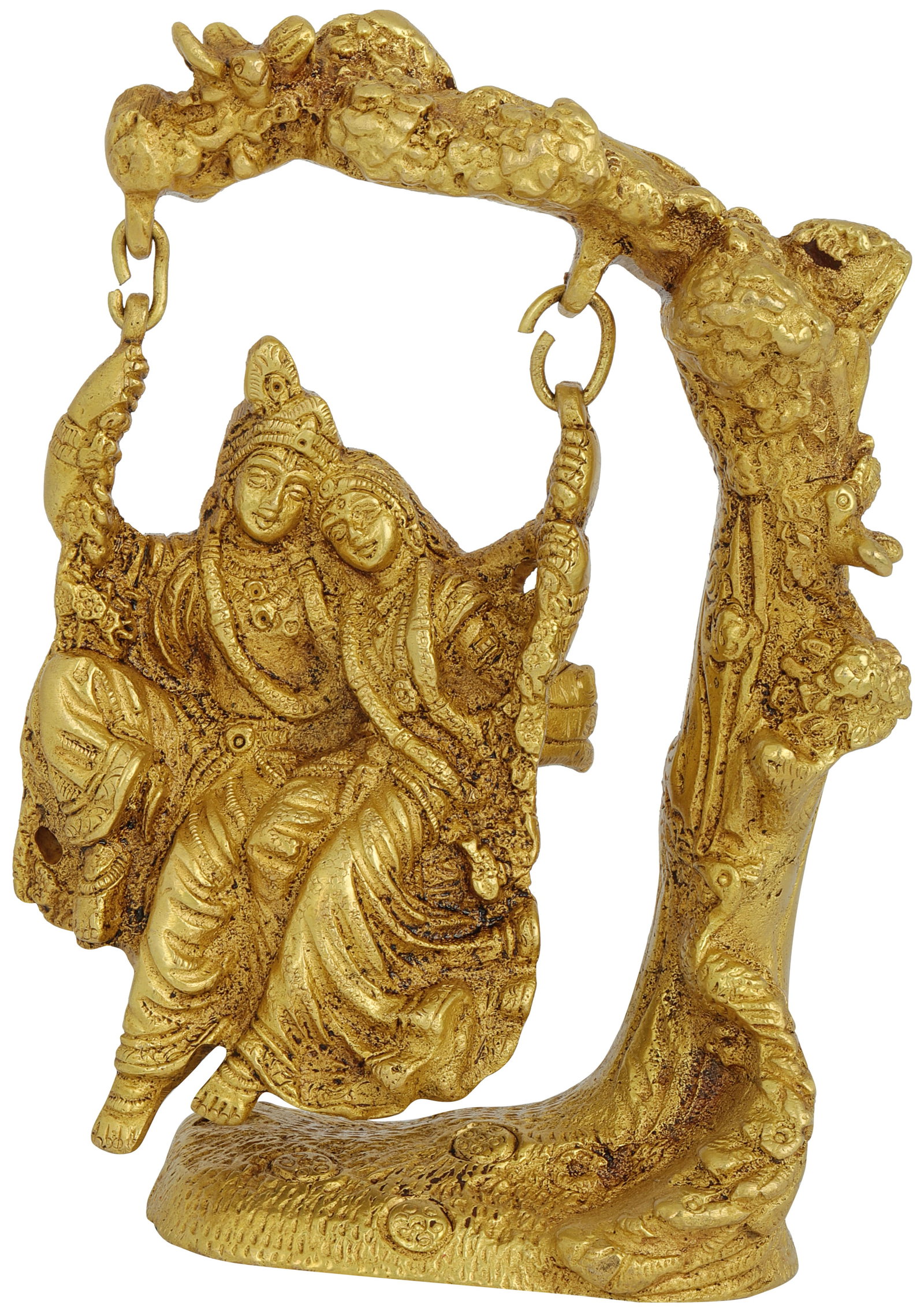 6" Brass Radha Krishna Statue Swinging Under Kadamba Tree | Handmade: Description: See It In Your Home Place this exquisite creation in your sacred space or as a centrepiece in your living area, and let the divine energy of Radha and Krishna's love infuse your