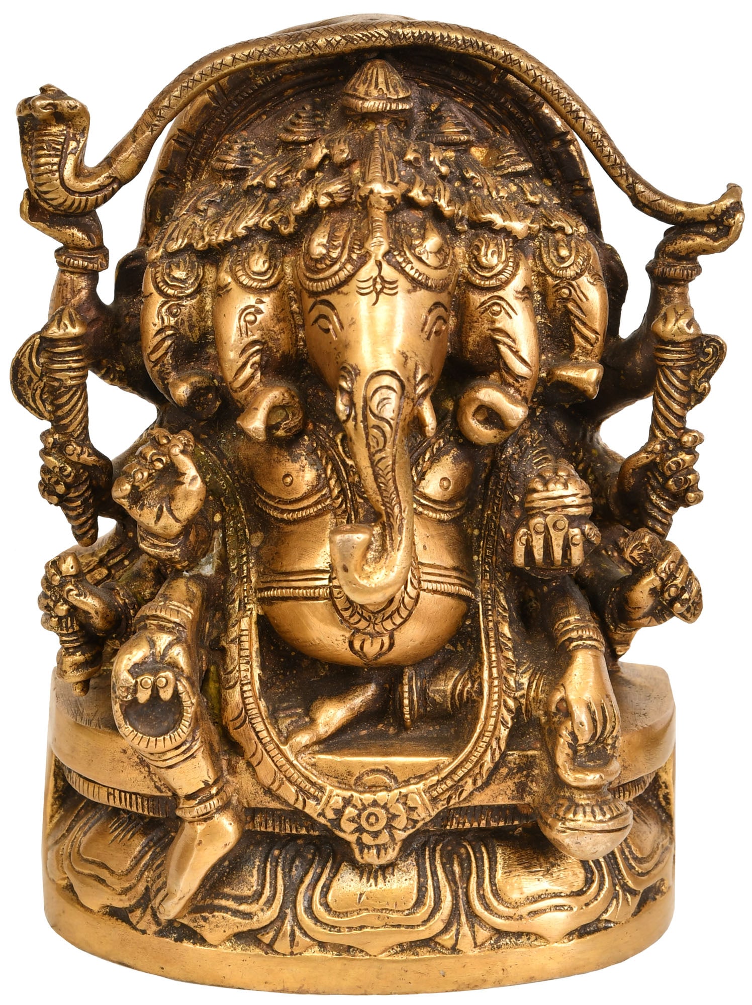 5" Five Headed Lord Ganesha Idol in Brass | Handmade | Made in India: Description: Each of Lord Ganesha's five heads holds a distinct meaning, embodying his multifaceted presence in the universe. The elephant head , a symbol of wisdom and intelligence, signifies his