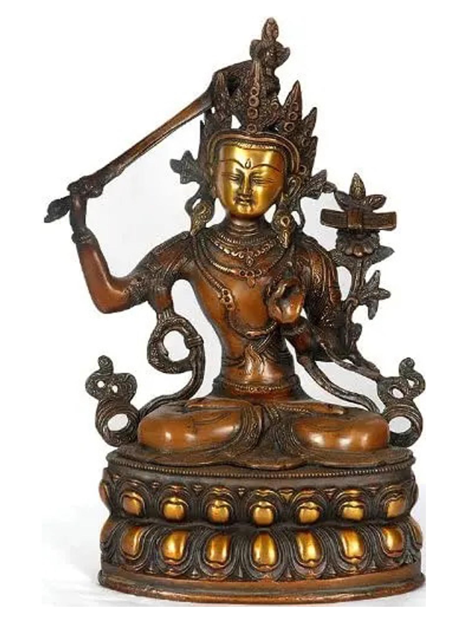 14" Manjushri - Bodhisattva of Transcendent Wisdom | Handmade Tibetan Buddhist Deity Brass Statue (1 of 2)