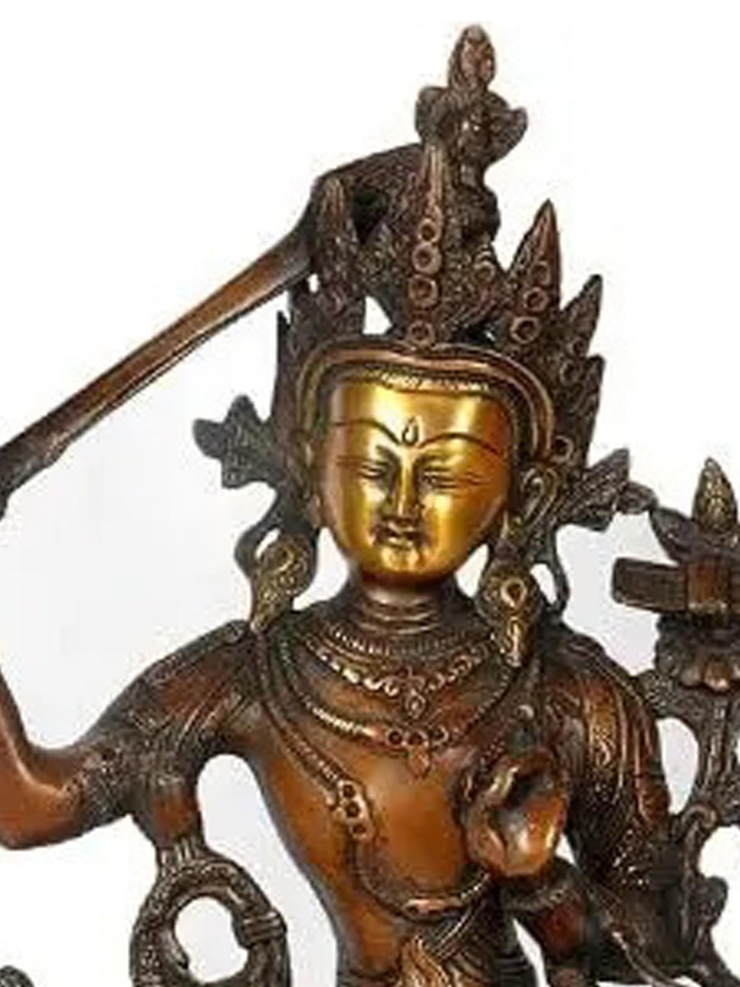 14" Manjushri - Bodhisattva of Transcendent Wisdom | Handmade Tibetan Buddhist Deity Brass Statue - 2
