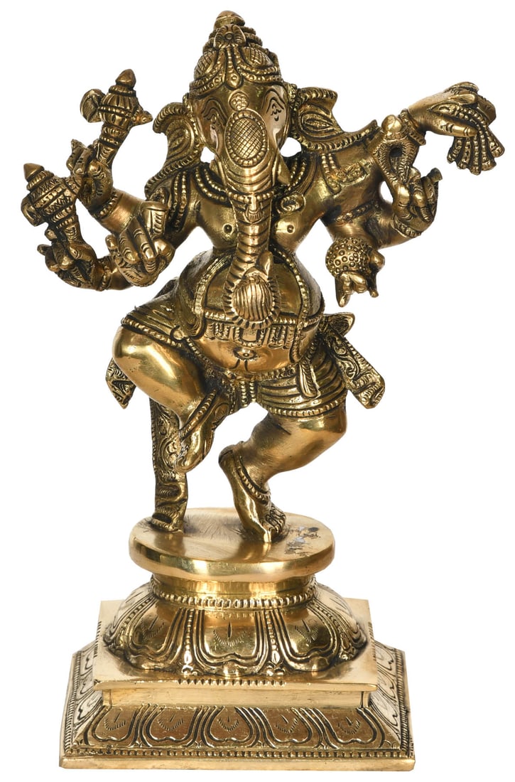 9" Dancing Ganesha Brass Sculpture | Handmade | Made in India: Description: Ganesha has a very important position in Brahmanical pantheon. He is the son of Parvati and Shiva-Maheshvara. The worship of Ganesha precedes the worship of all other gods and goddesses i