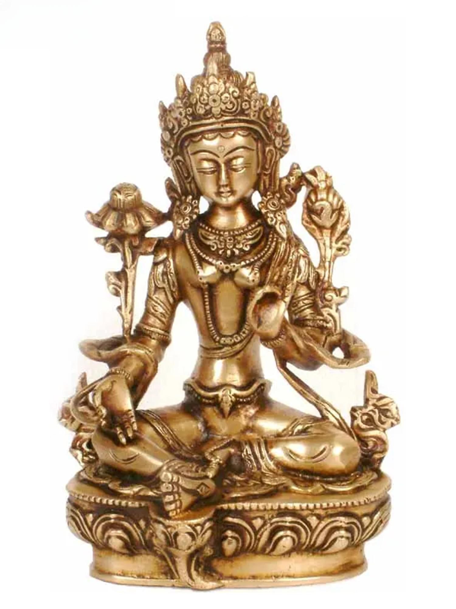 8" Green Tara Brass Statue | Handmade Tibetan Buddhist Deity Idol (1 of 2)