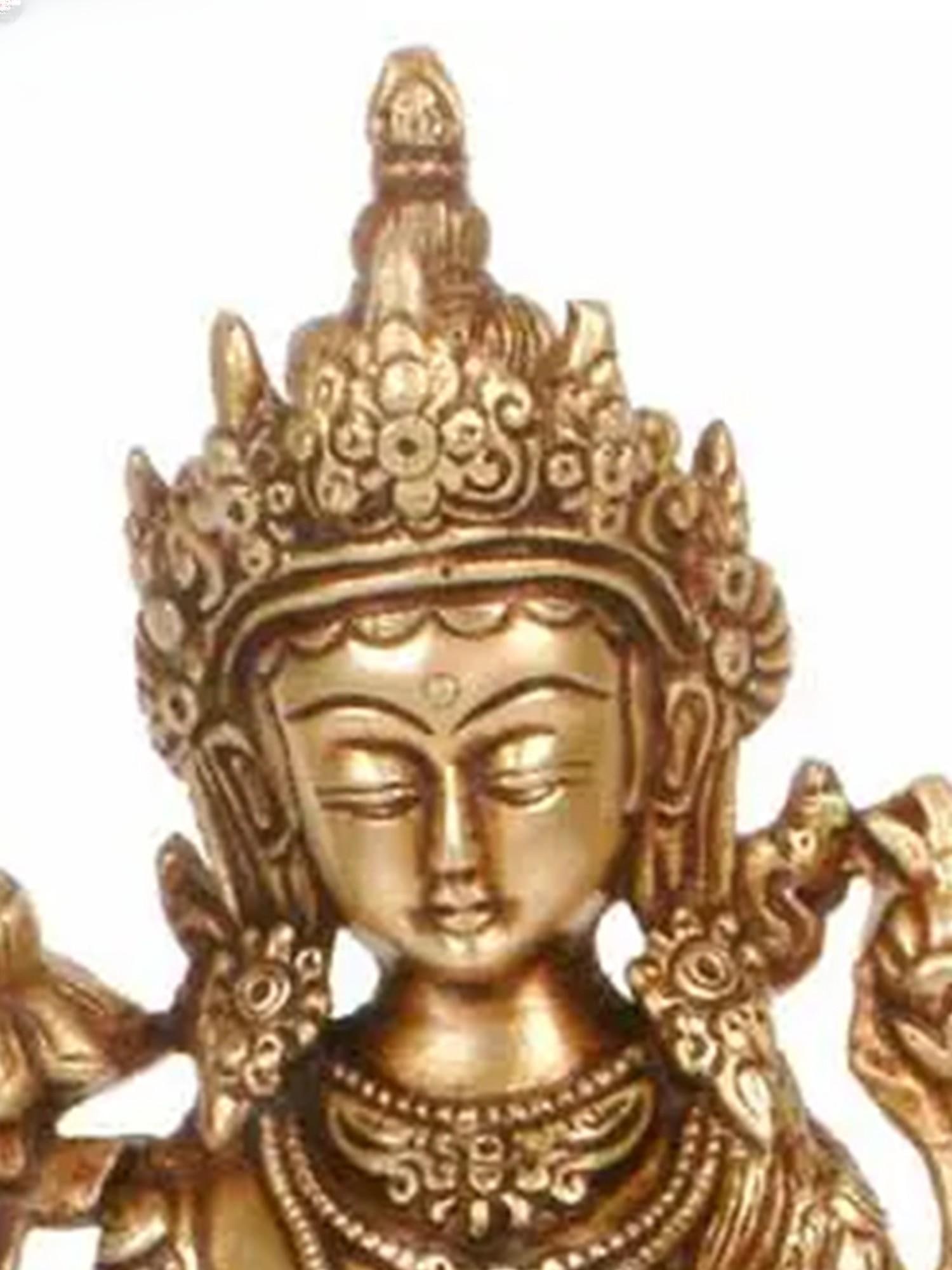 8" Green Tara Brass Statue | Handmade Tibetan Buddhist Deity Idol - 2
