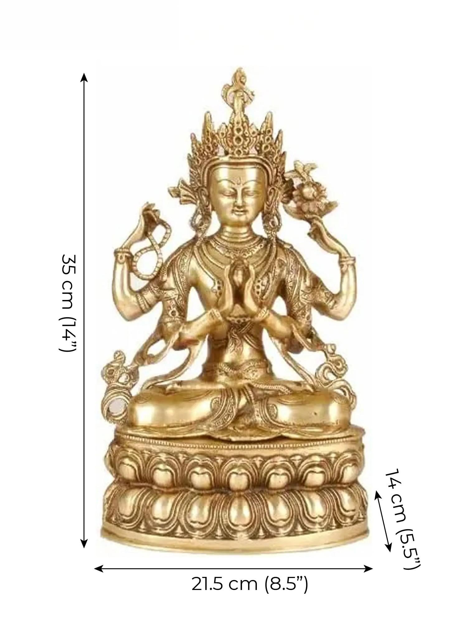 14” Chenrezig Statue the Tibetan Buddhist Deity in Brass | Handmade | Made in India - 2