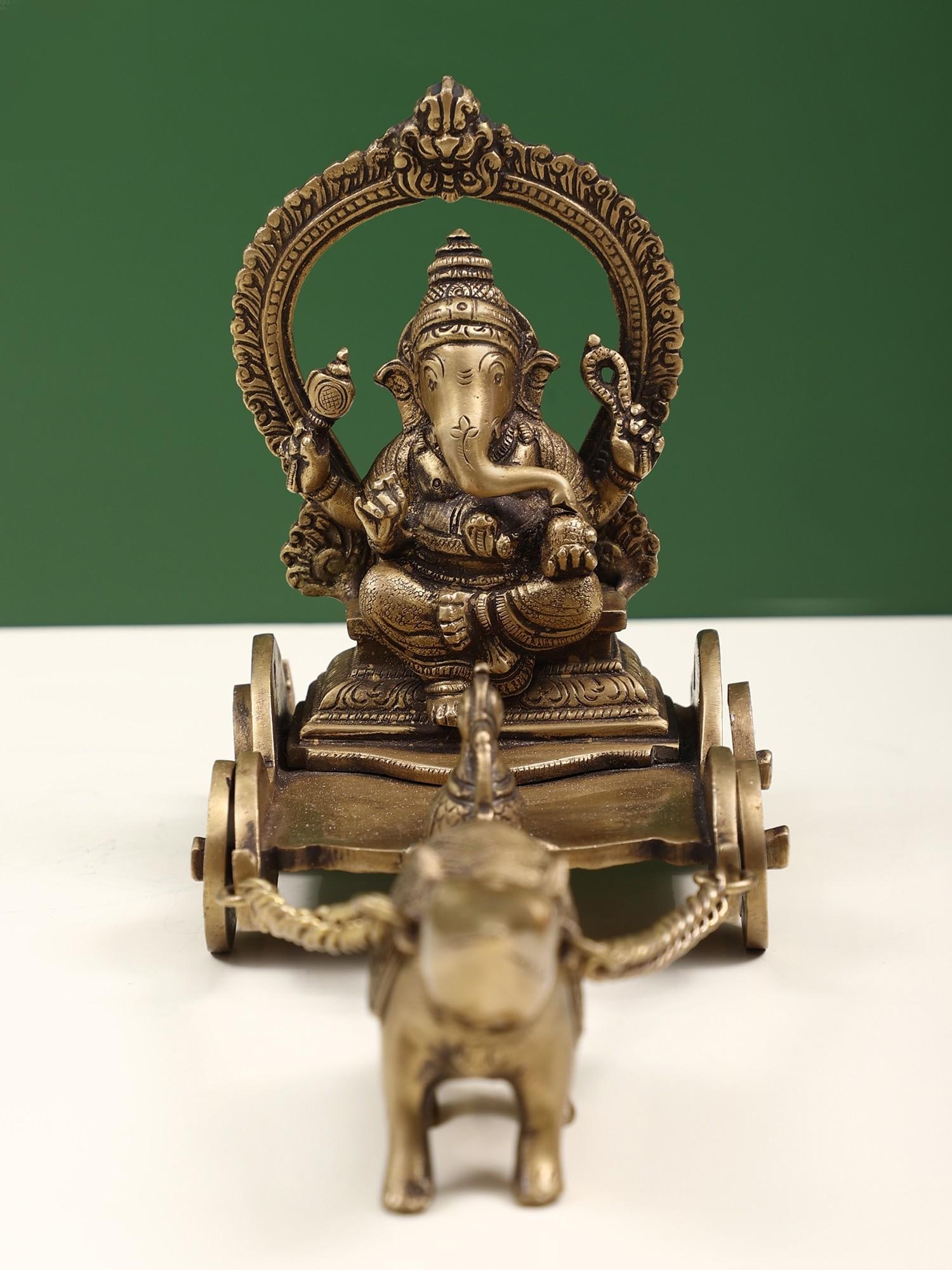 6" Small Ganesha in the Mouse Chariot in Brass: Description: See It In Your Home