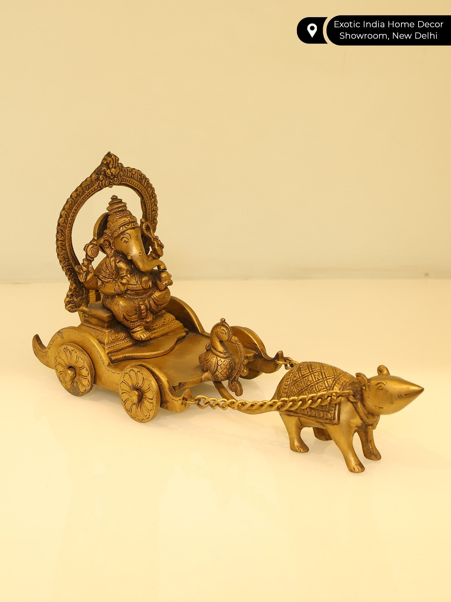 6" Small Ganesha in the Mouse Chariot in Brass - 2