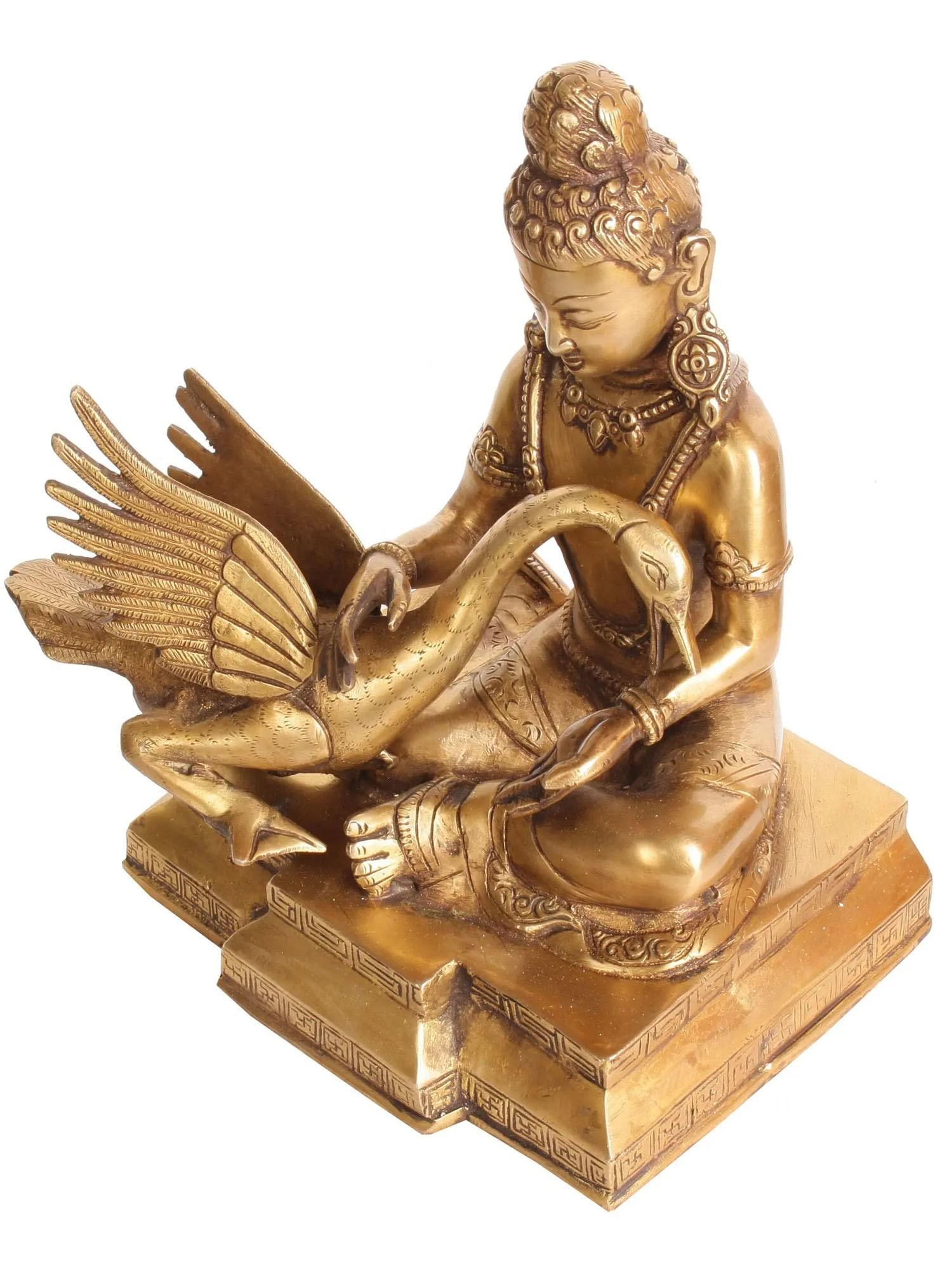 9" Lord Buddha with Swan Brass Statue | Handmade in India | Tranquil Spiritual Art - 2