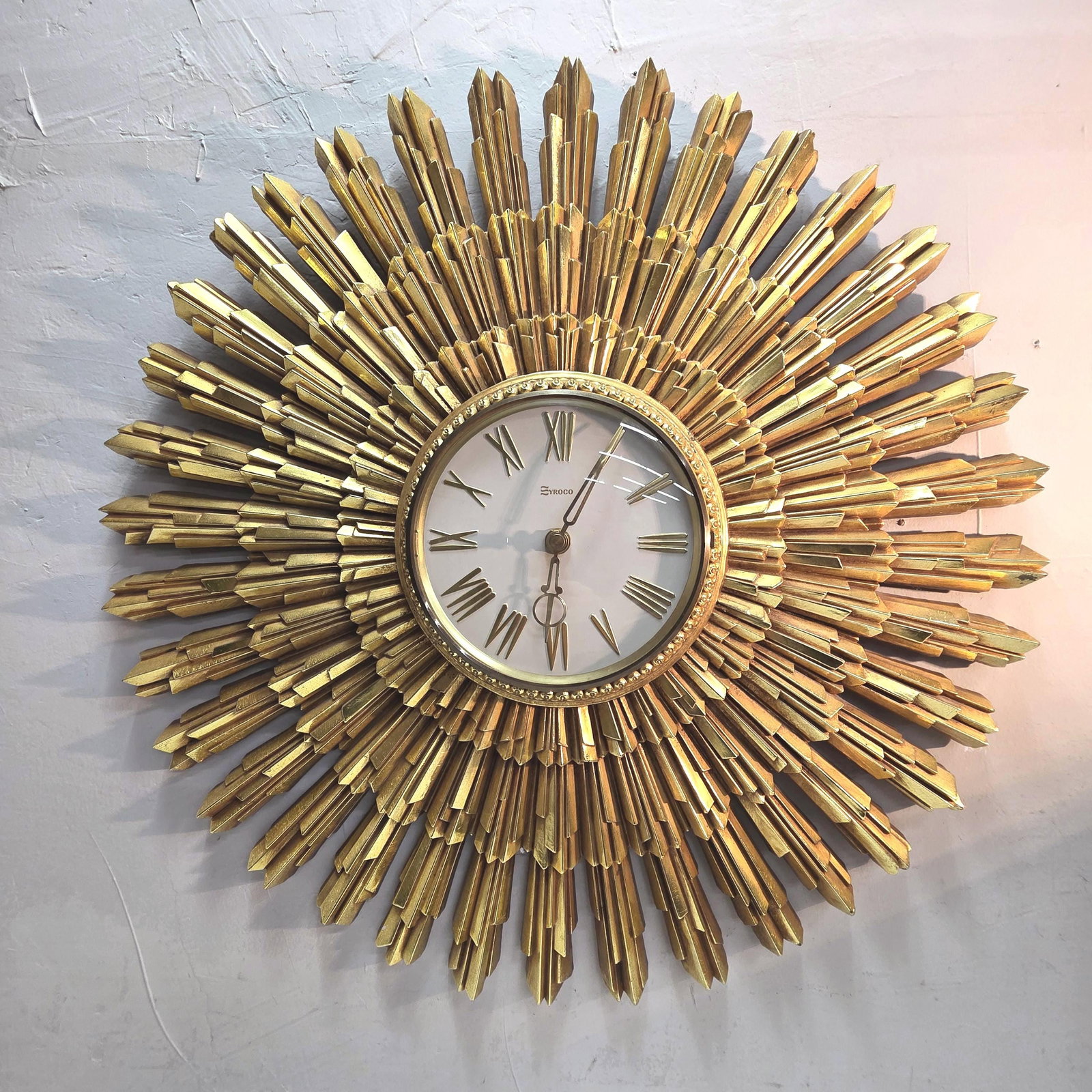 1969 Syroco Large Starburst Wall Clock Gold Gilt, Mid Century Modern Sunburst Statement Decor - 19