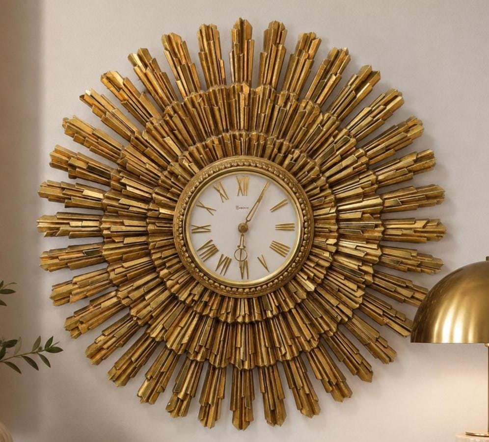 1969 Syroco Large Starburst Wall Clock Gold Gilt, Mid Century Modern Sunburst Statement Decor - 6